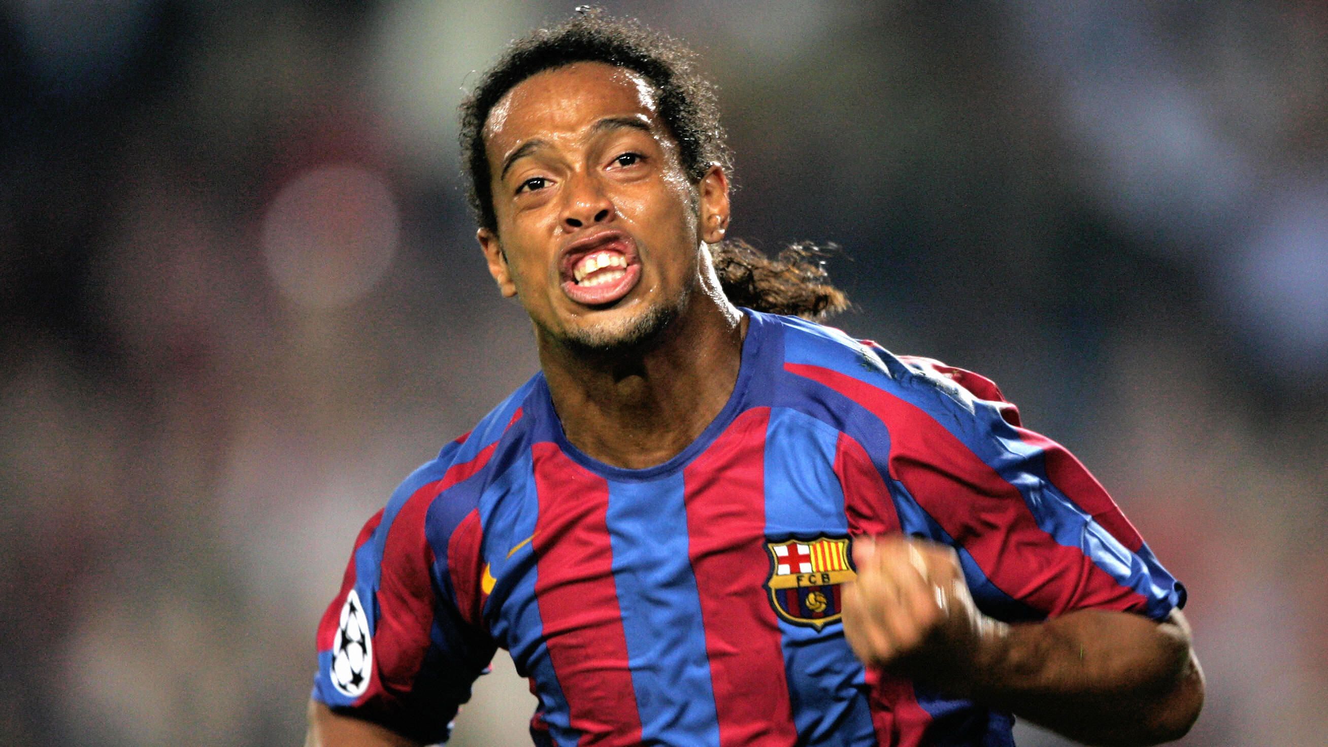 Barcelona's Ronaldinho celebrates after
