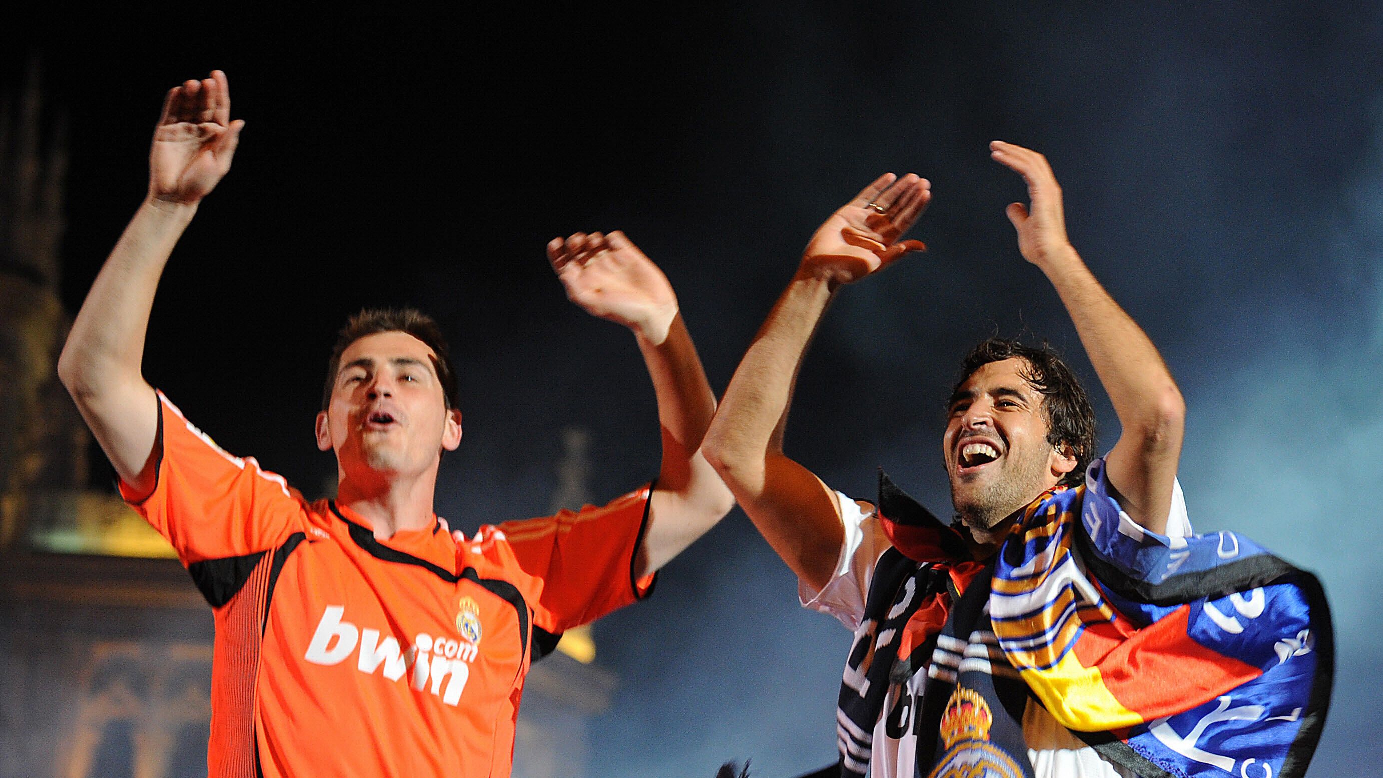 Real Madrid football club's Raul (R) and