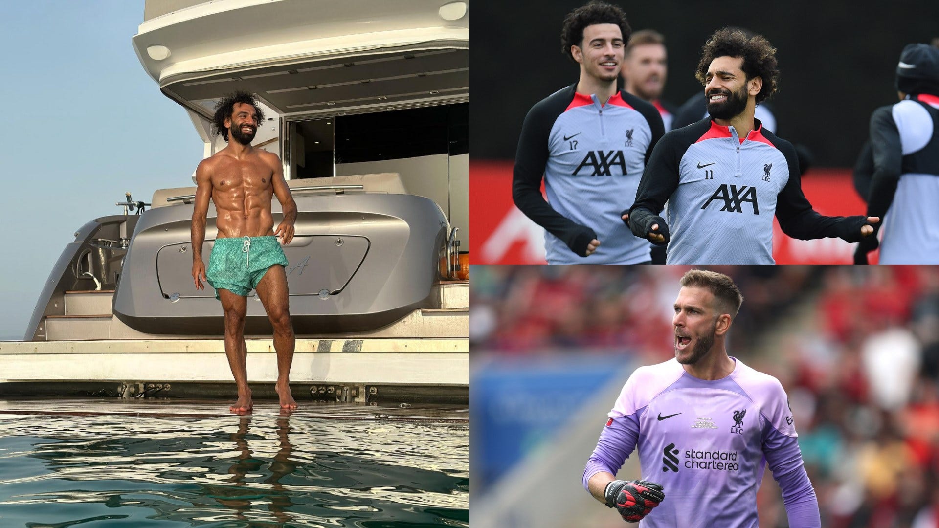 Mohamed Salah shows off his shiny ripped physique on a yacht as Curtis Jones & Adrian pile on & jokingly mock Liverpool team-mate for posing shirtless yet again!