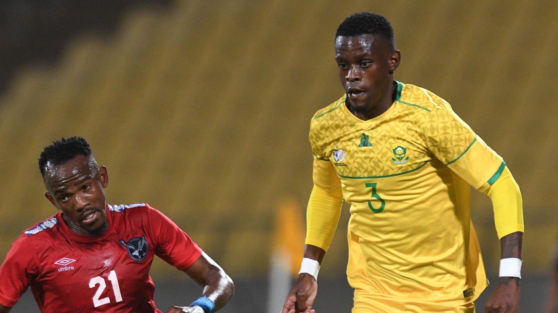 Dynamo Fredericks of Namibia challenges Innocent Maela of Bafana Bafana, October 2020