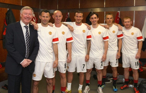Ferguson, Giggs, Butt, Beckham, Gary and Phil Neville, Paul Scholes