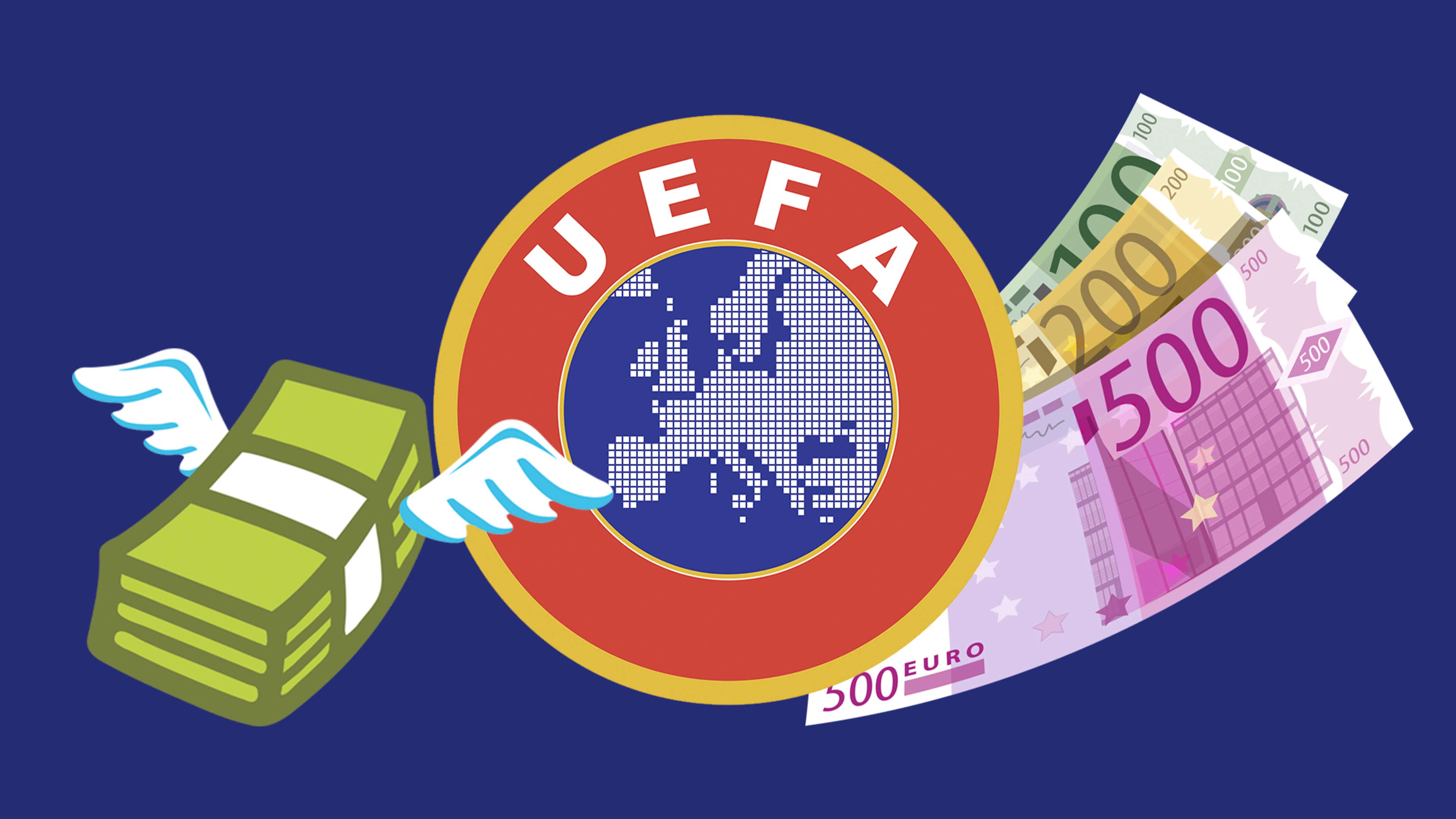  An illustration of the UEFA logo with money flying around it representing the Premier League's financial regulations.