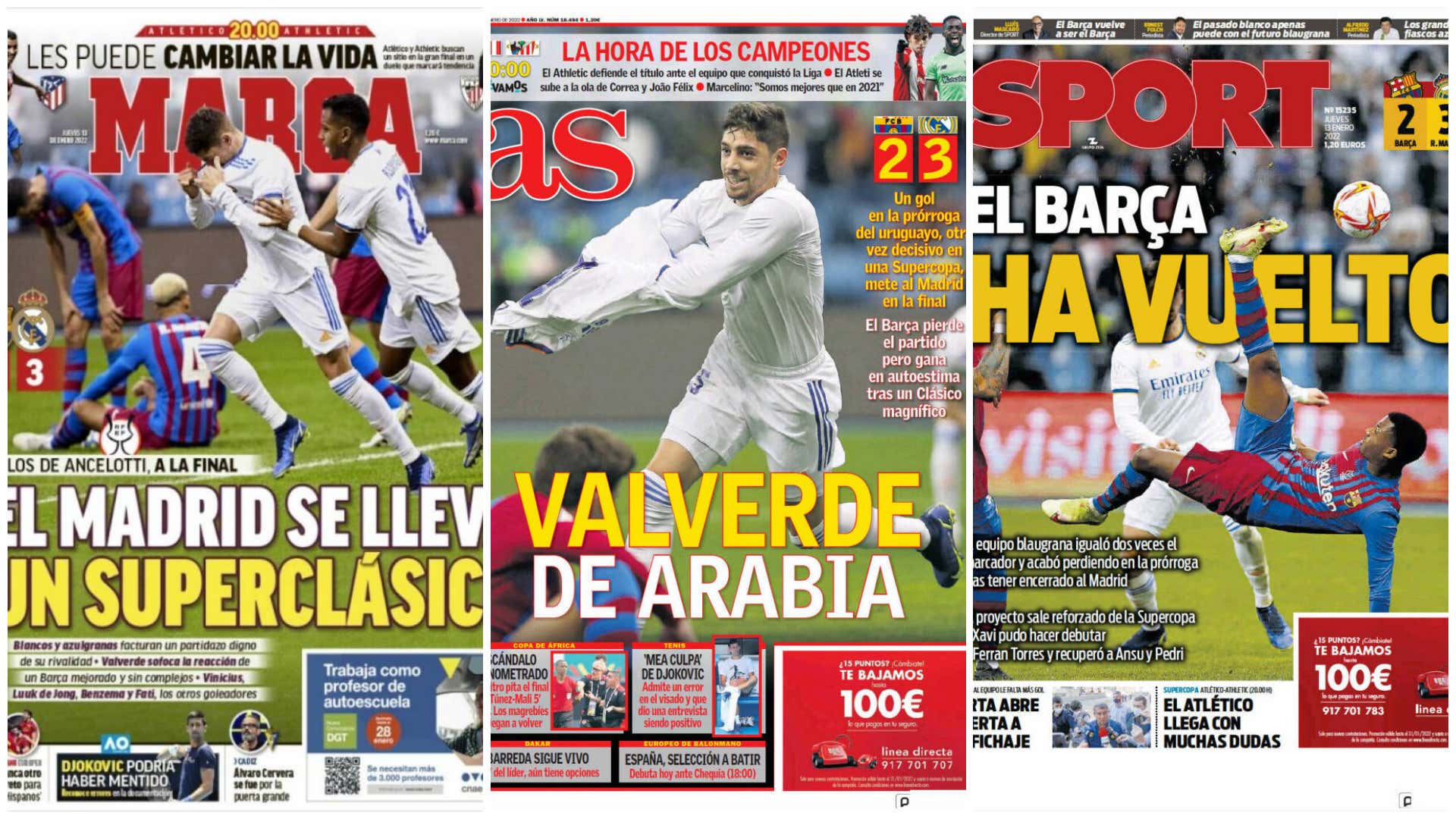 Las portadas de la prensa deportiva hoy 13 de de enero de 2022: El Real  Madrid gana el Clásico pero el Barcelona cae con honor 