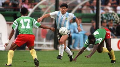 Diego Maradona of Argentina, Cameroon's Benjamin Massing, 1990