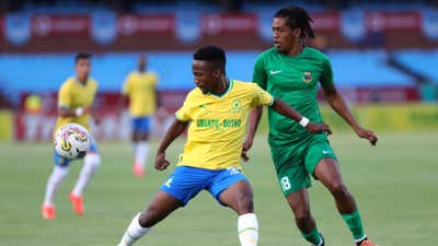 Cassius Mailula of Sundowns challenged by Adrian Constance of La Passe, October 2022