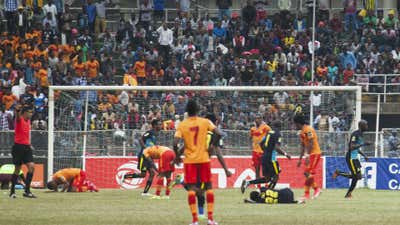Mamelodi Sundowns players celebrate Anthony Laffor's goal