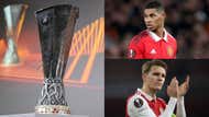 Europa League trophy with Manchester United forward Marcus Rashford and Arsenal captain Martin Odegaard in 2022-23