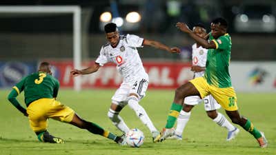 Monnapule Seleng of Orlando Pirates challenged by Divine Lunga and Sbonelo Cele of Golden Arrows, October 2022