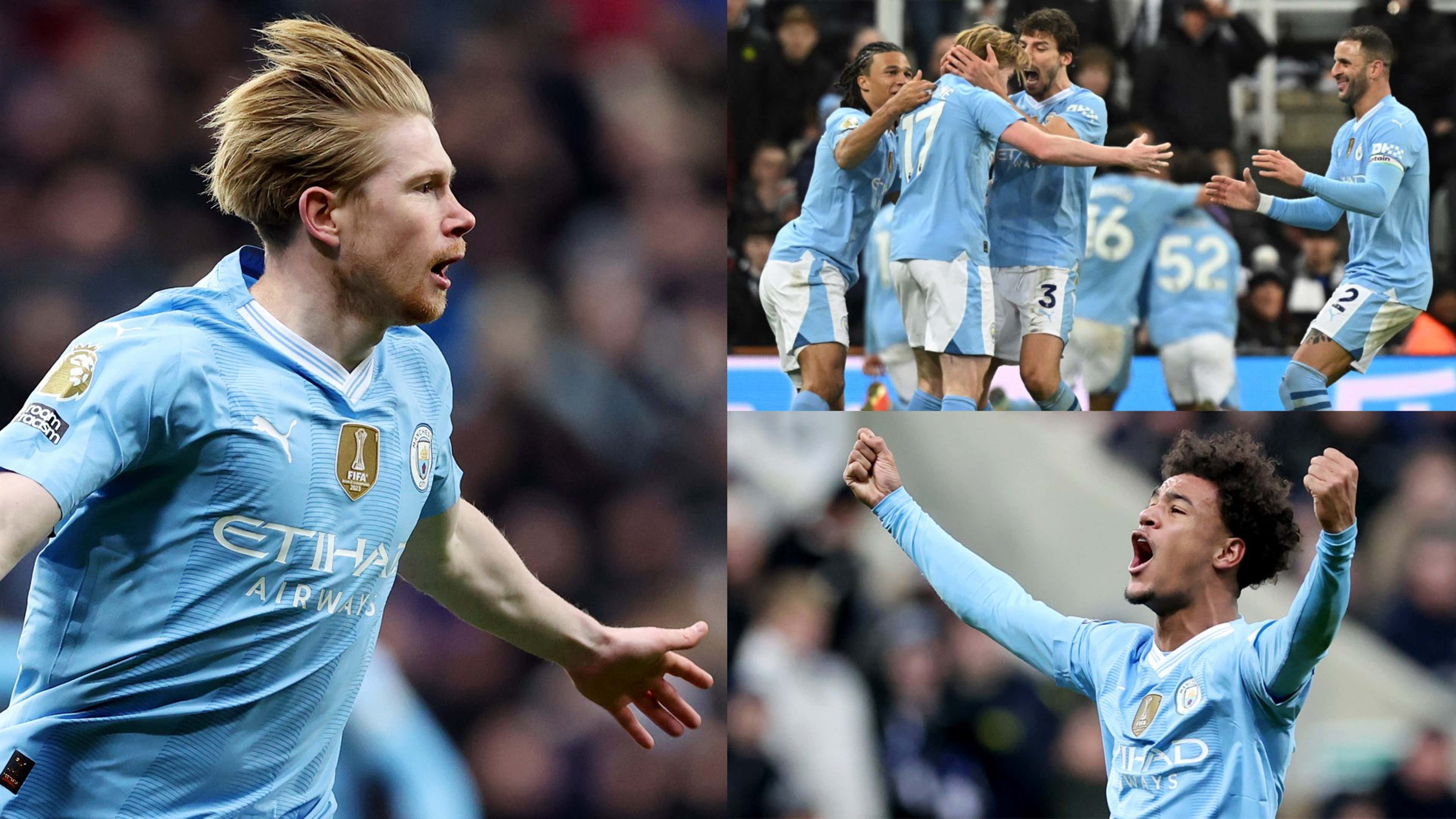 Kevin De Bruyne and Oscar Bobb celebrating their goals against Newcastle | EPL Matchday 21 Results | Man City v Newcastle | Mania Africa