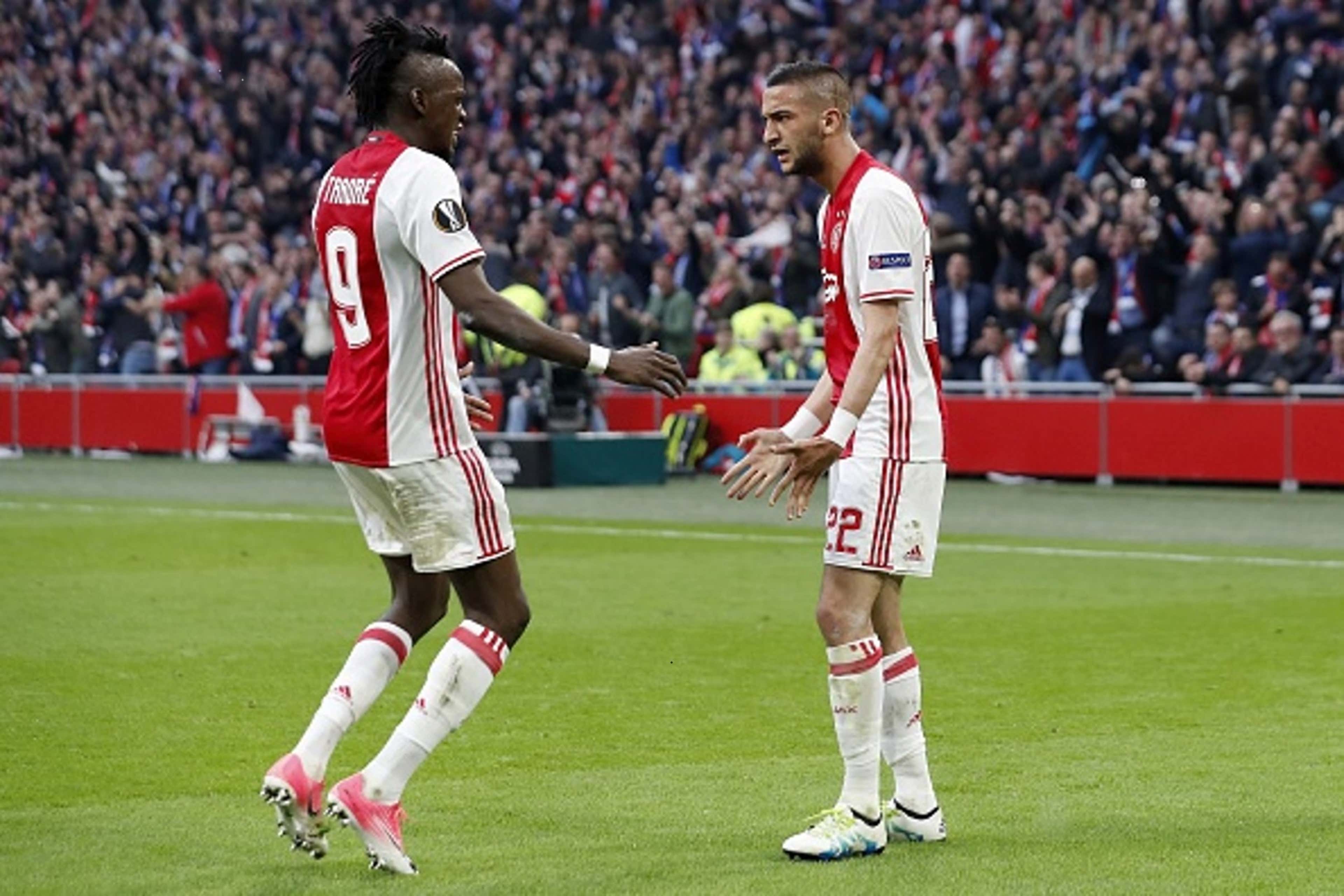 Bertrand Traore & Hakim Ziyech of Ajax during the UEFA Europa League semi-final match between Ajax Amsterdam and Olympique Lyonnais at the Amsterdam Arena on May 03, 2017 in Amsterdam