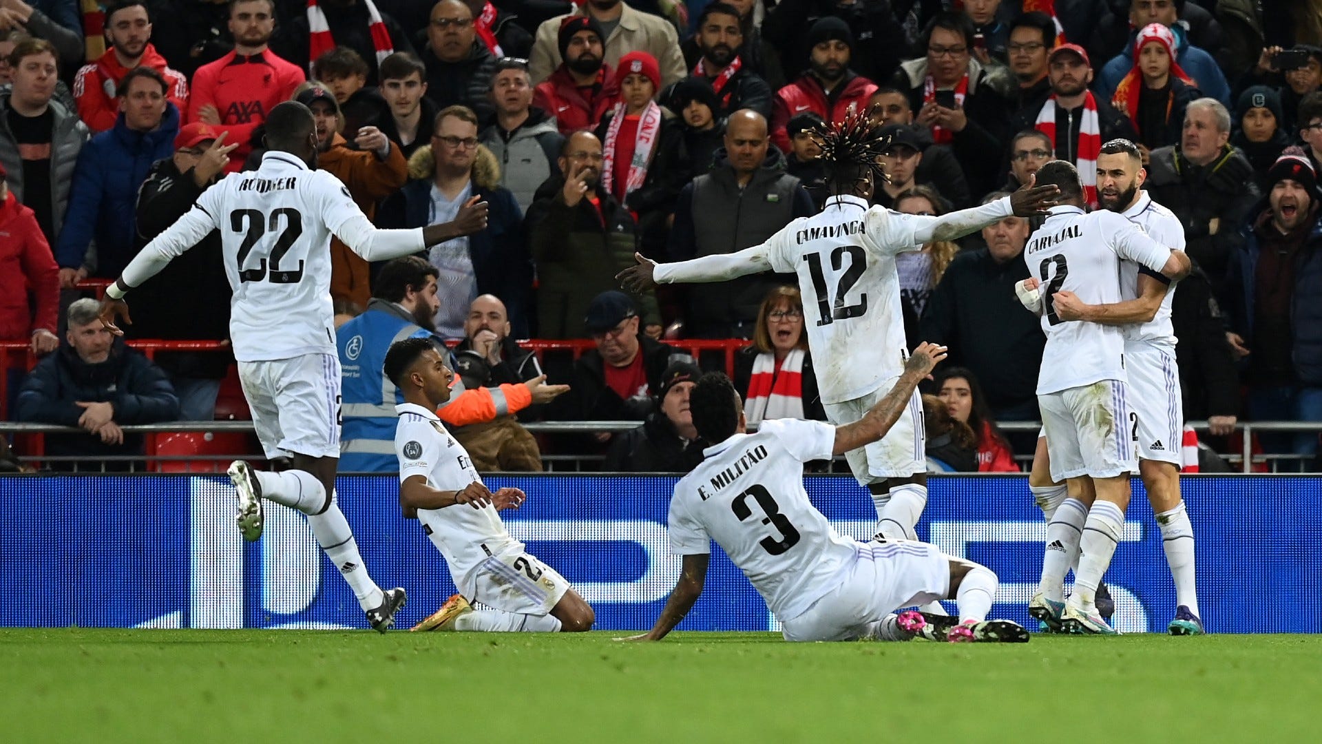 Real Madrid players celebrating a goal against Liverpool
