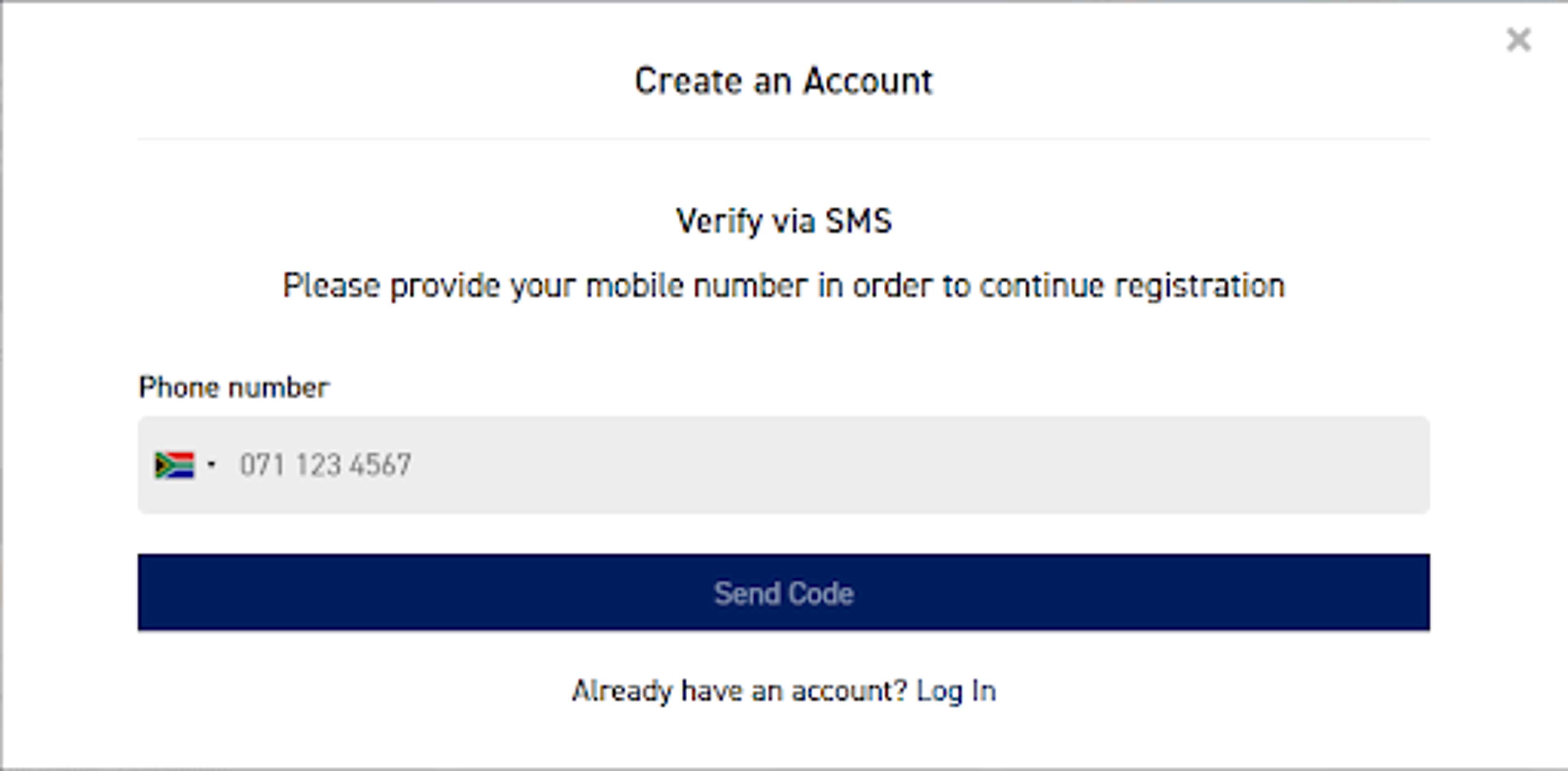 Boylesports ZA registration verification step screenshot