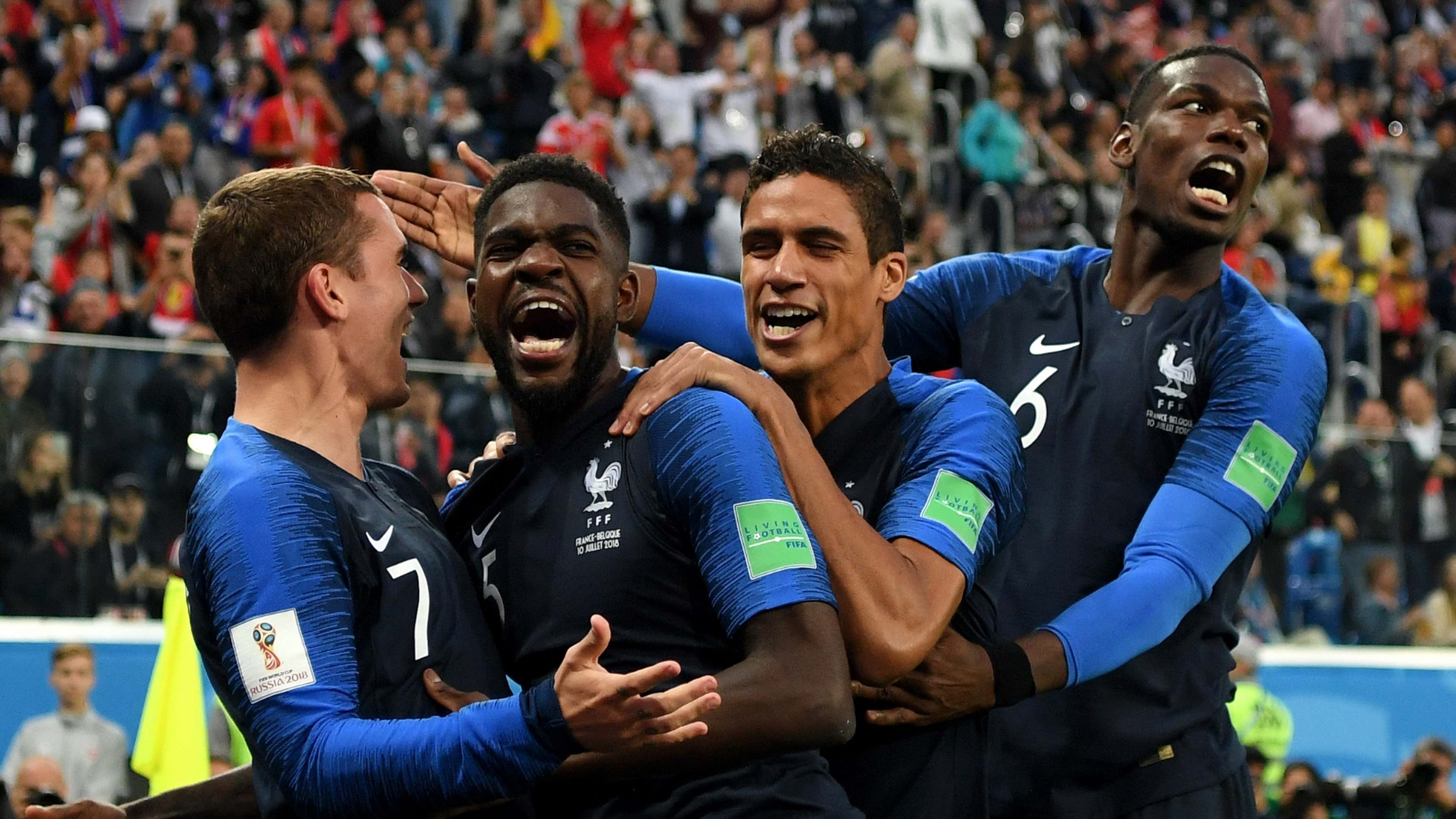 France celebrate Samuel Umtiti's goal vs Belgium