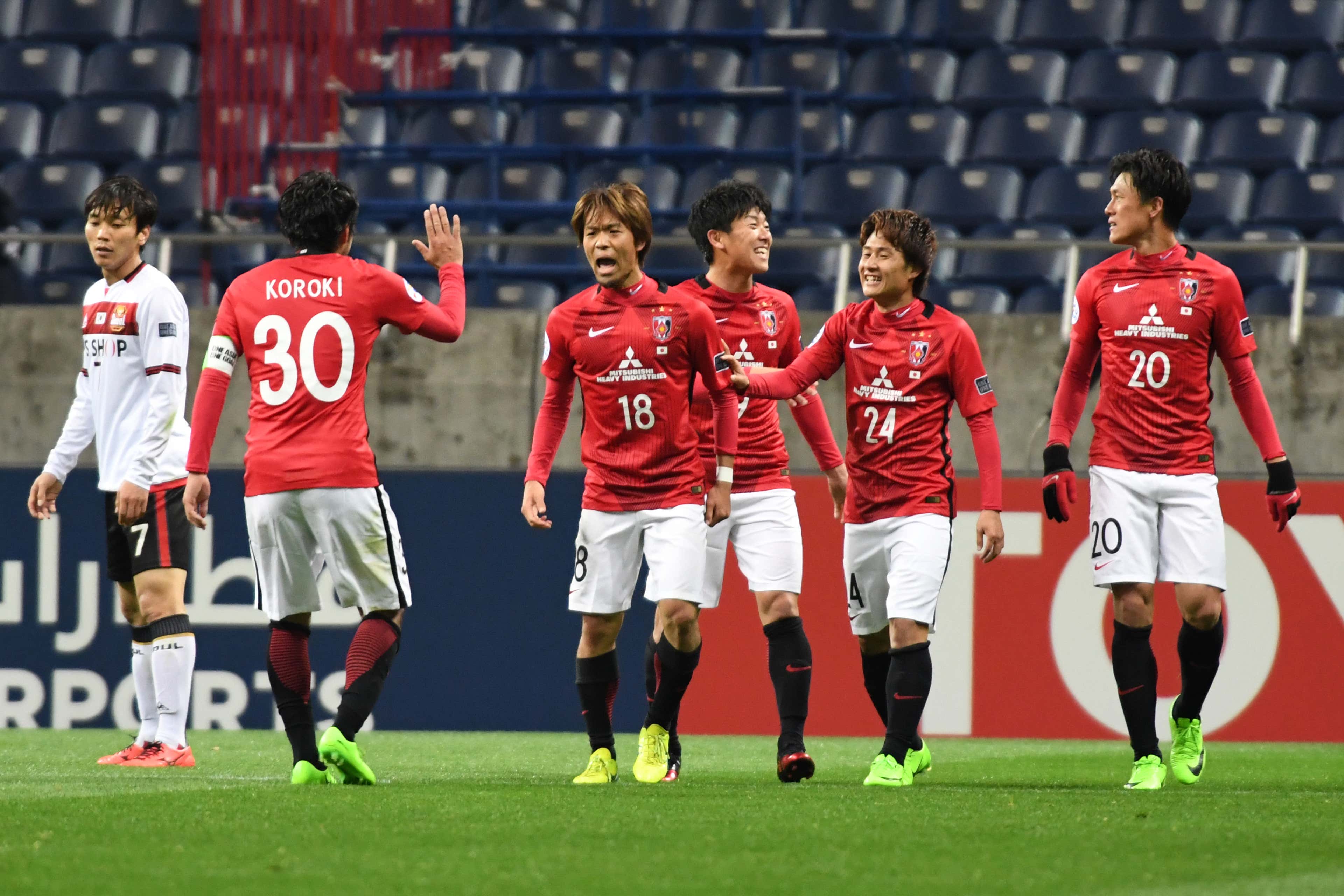 oshiaki Komai #18 of Urawa Red Diamonds celebrates the fifth goal during the AFC Champions League match Group F match between Urawa Red Diamonds and FC Seoul