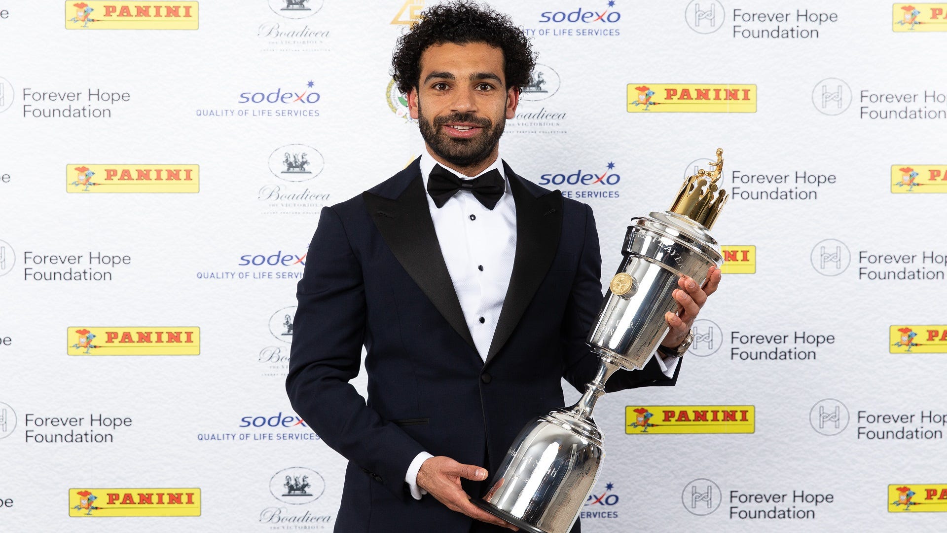 Mohamed Salah of Liverpool poses with the 2018 PFA Player Of The Year Award trophy at the Grosvenor House Hotel in London