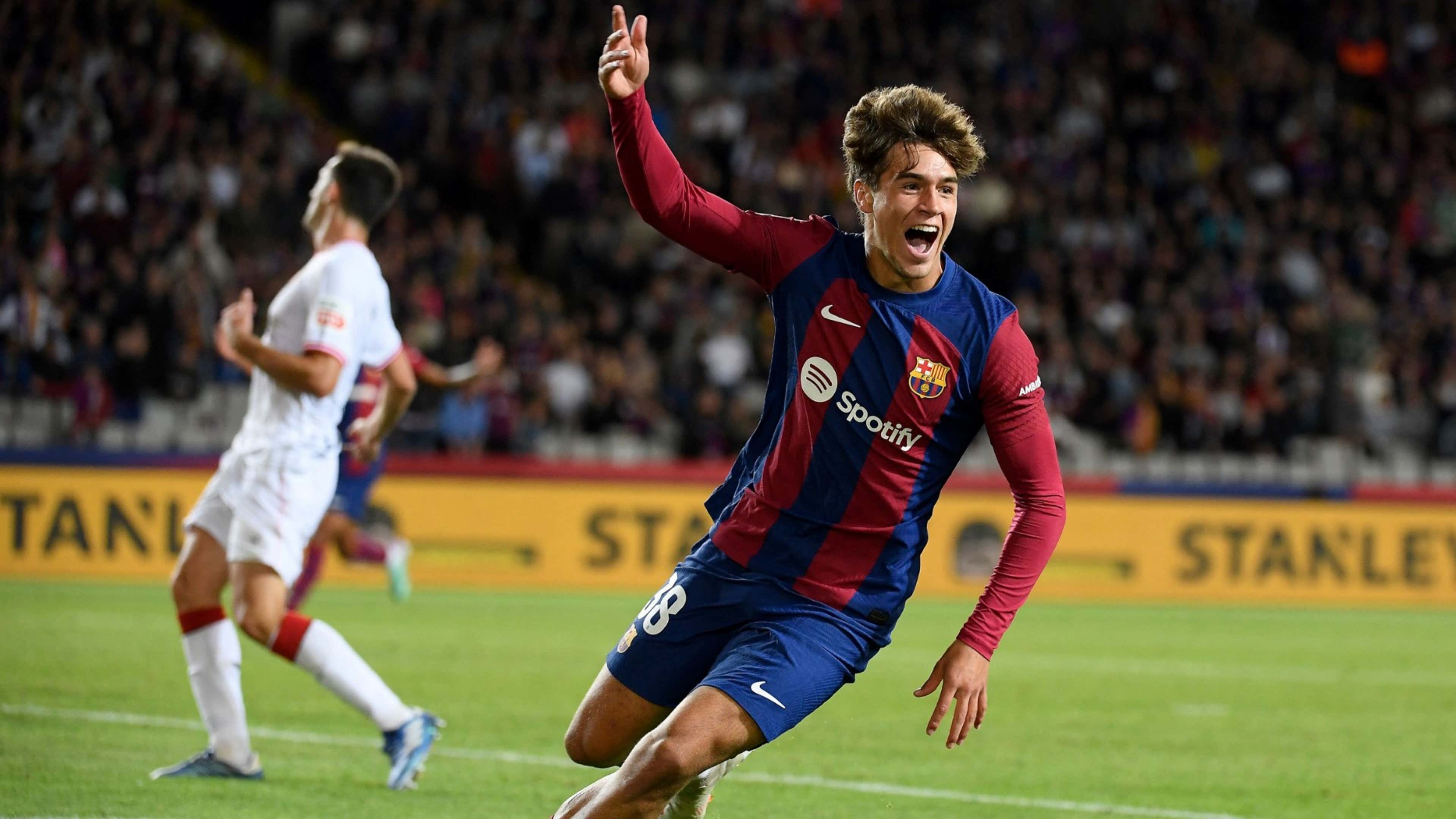  Marc Guiu celebrates a goal for Barcelona during a match at the Spotify Camp Nou stadium in Barcelona, Spain.
