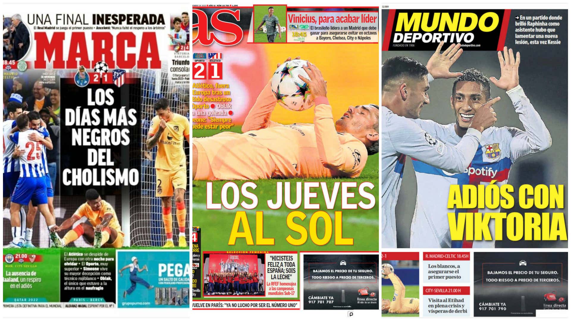 Las portadas de la prensa deportiva hoy 2 de noviembre 2022: El Atlético  Madrid consuma el desastre y no jugará ni la Europa League 