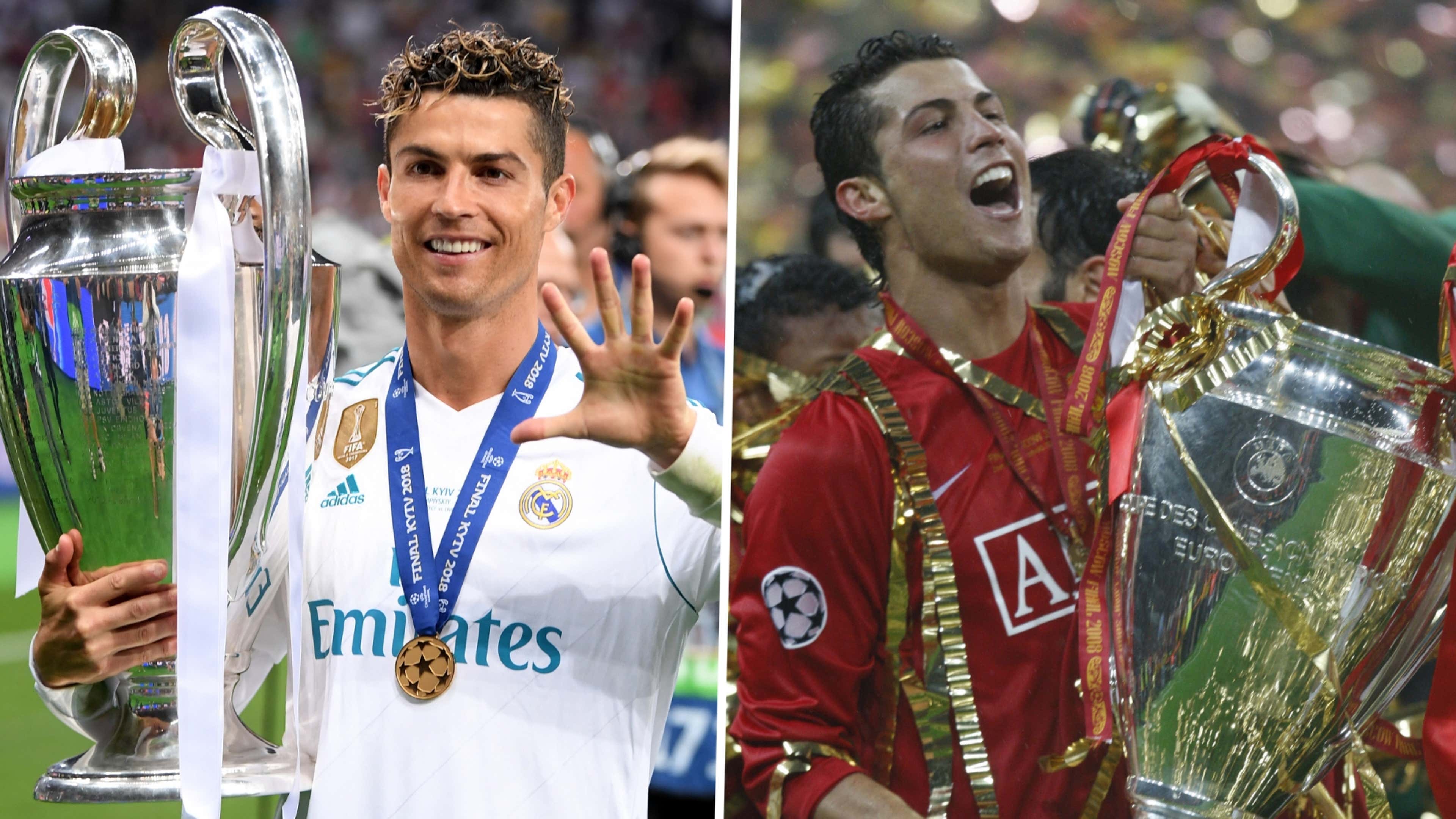  Cristiano Ronaldo celebrates scoring a goal in the 2018 Champions League final for Real Madrid against Liverpool and celebrates with the trophy after winning the 2008 Champions League final with Manchester United.