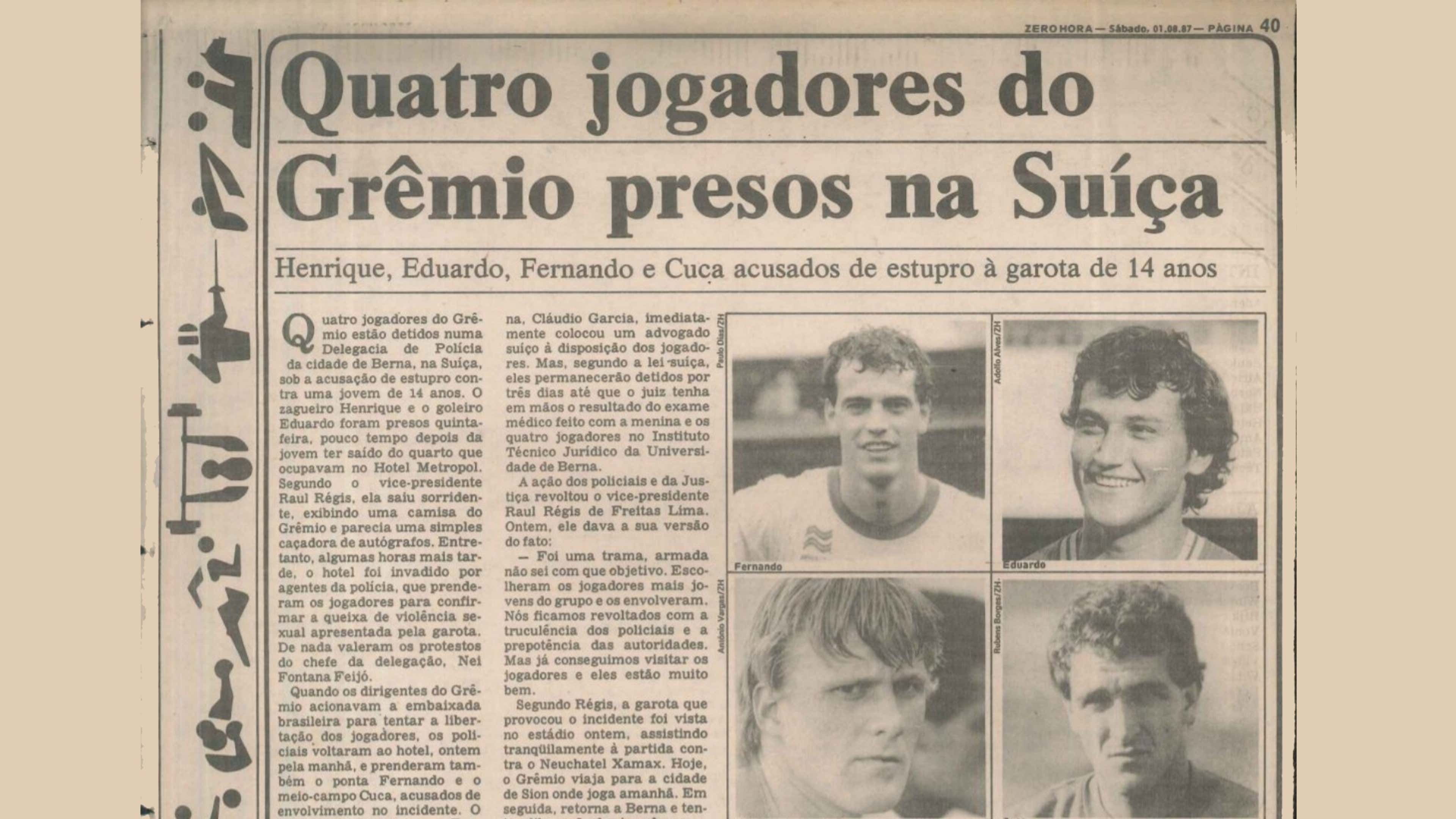Recorte do jornal Zero Hora, de 1987, sobre o escândalo de Berna envolvendo jogadores do Grêmio