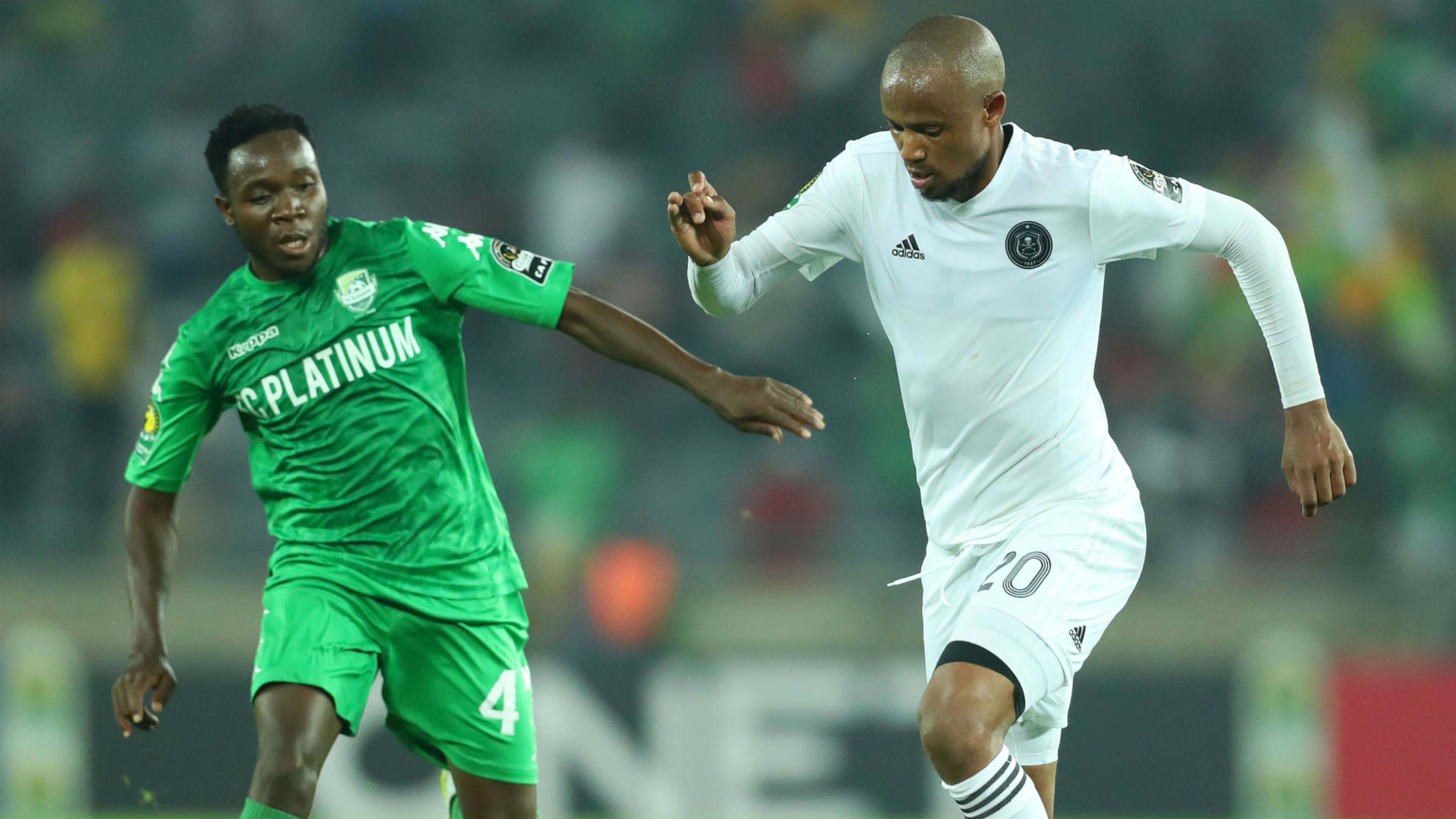 Xola Mlambo of Orlando Pirates challenged by Perfect Chikwende of FC Platinum, March 2019