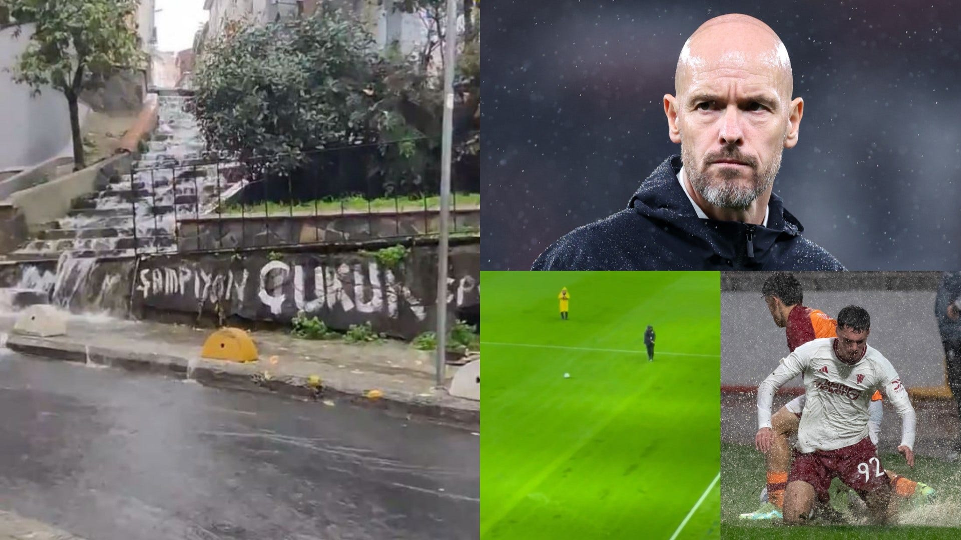 Surely not game off?! Man Utd's do-or-die Champions League clash with Galatasaray undergoing constant pitch inspections amid fears game will be postponed due to torrential rain