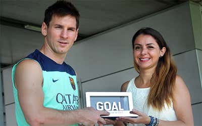 Lionel Messi receives Goal 50 trophy