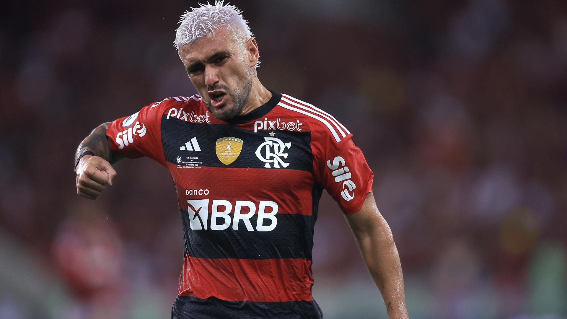 Giorgian De Arrascaeta comemora gol em Flamengo x Independiente del Valle, pela Recopa Sul-Americana 2023