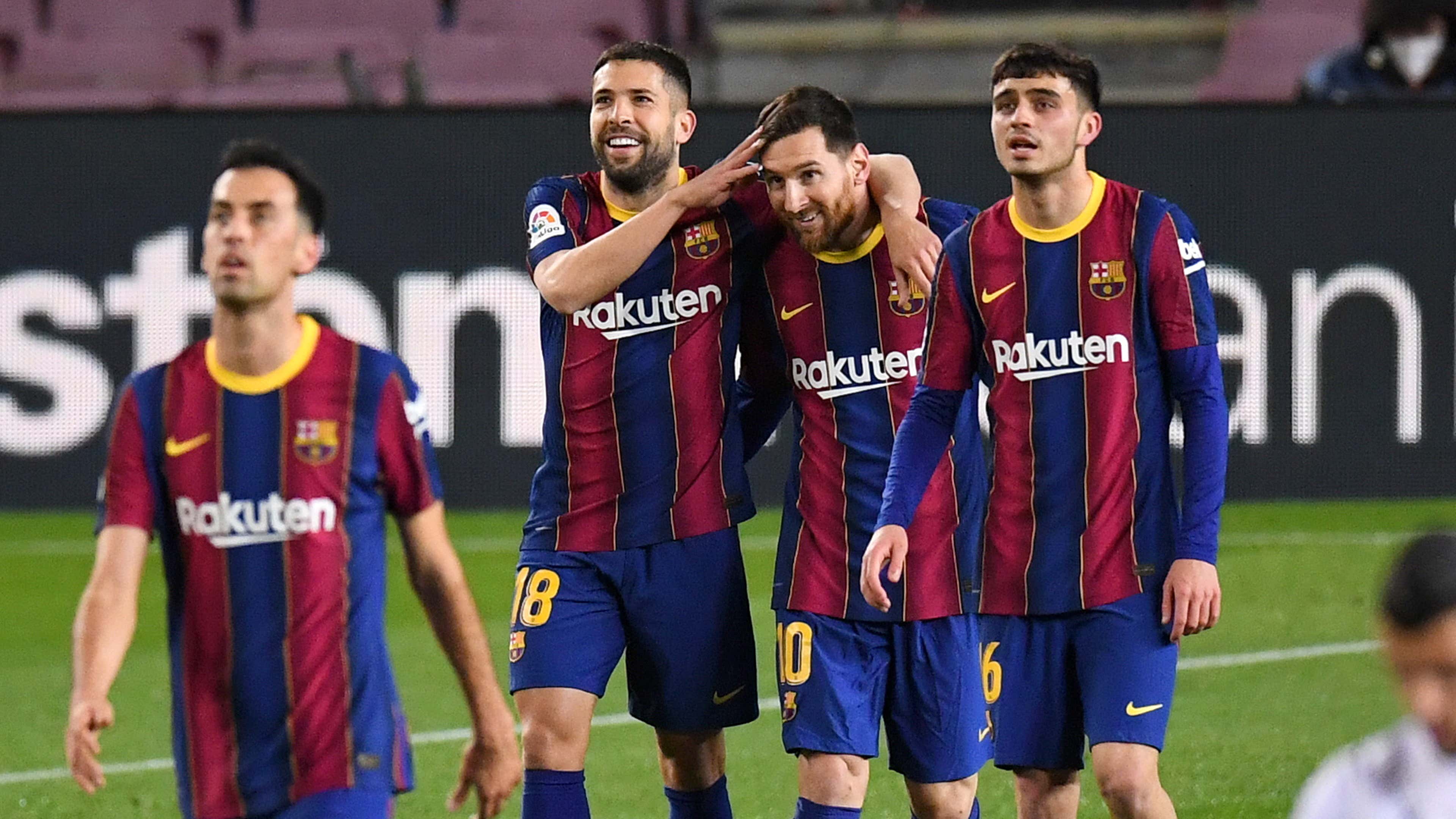 Barcelona celebrate Lionel Messi goal vs Huesca, La Liga 2020-21