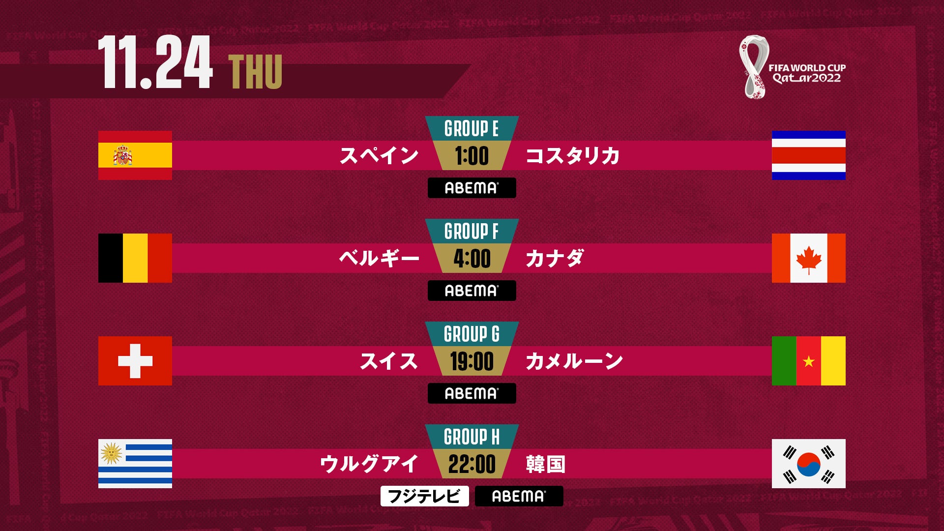 11 24 W杯日程 キックオフ時間 放送予定 スペインvsコスタリカなど4試合開催 Goal Com 日本