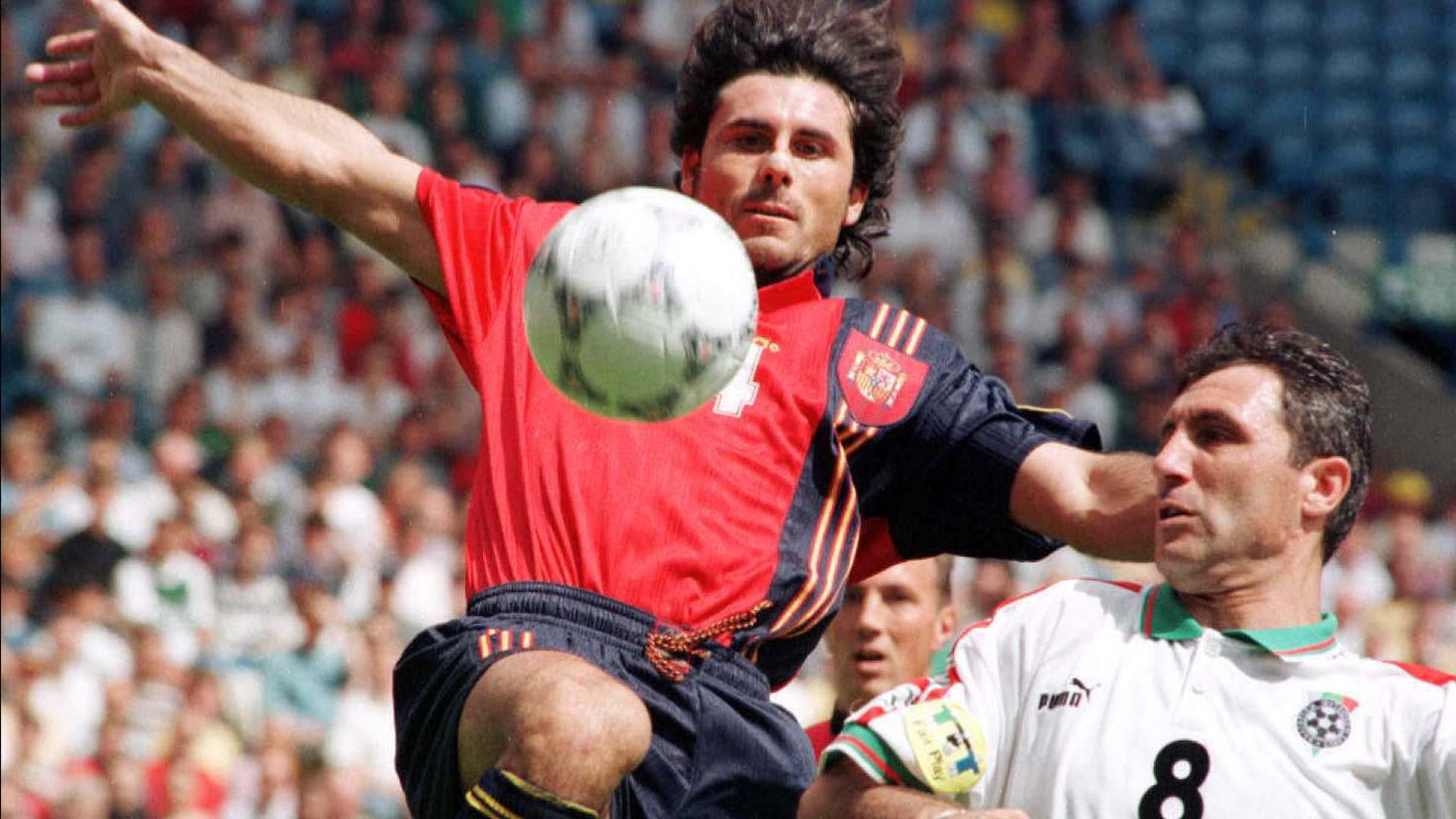 Rafael Alkorta and Hristo Stoichkov during Spain-Bulgaria match at EURO 1996