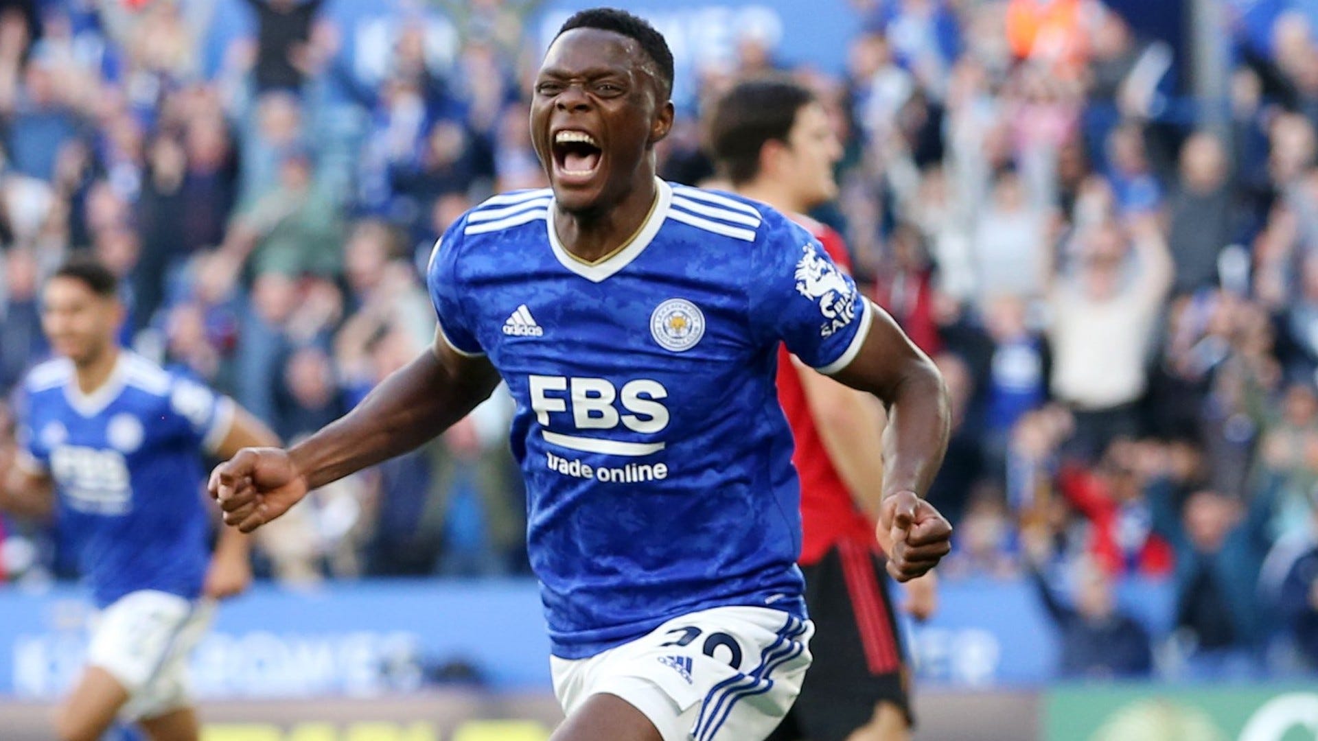  Patson Daka celebrates scoring a goal for Leicester City against Manchester United at the King Power Stadium.