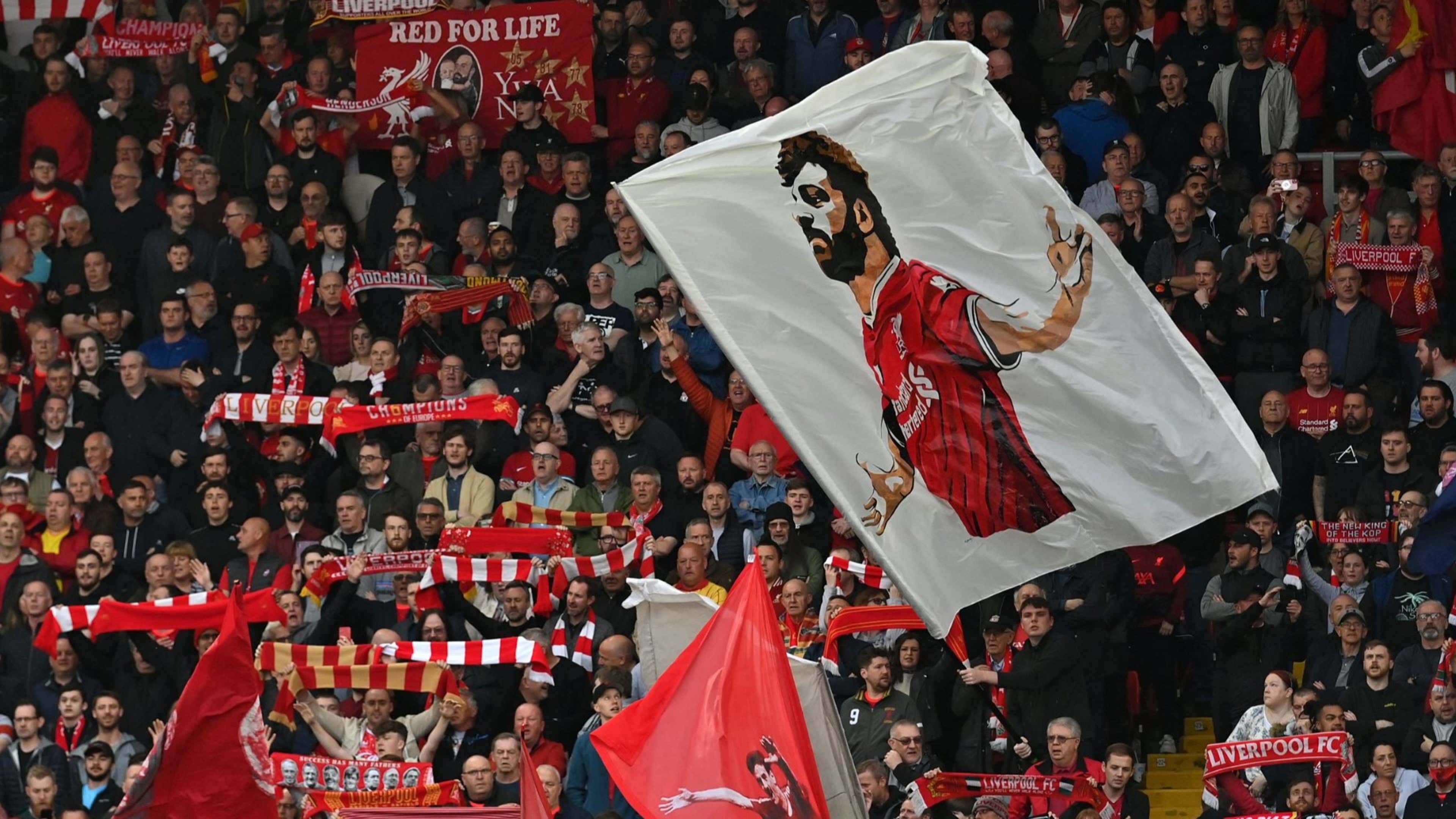 Liverpool fans Anfield Mohamed Salah flag general view