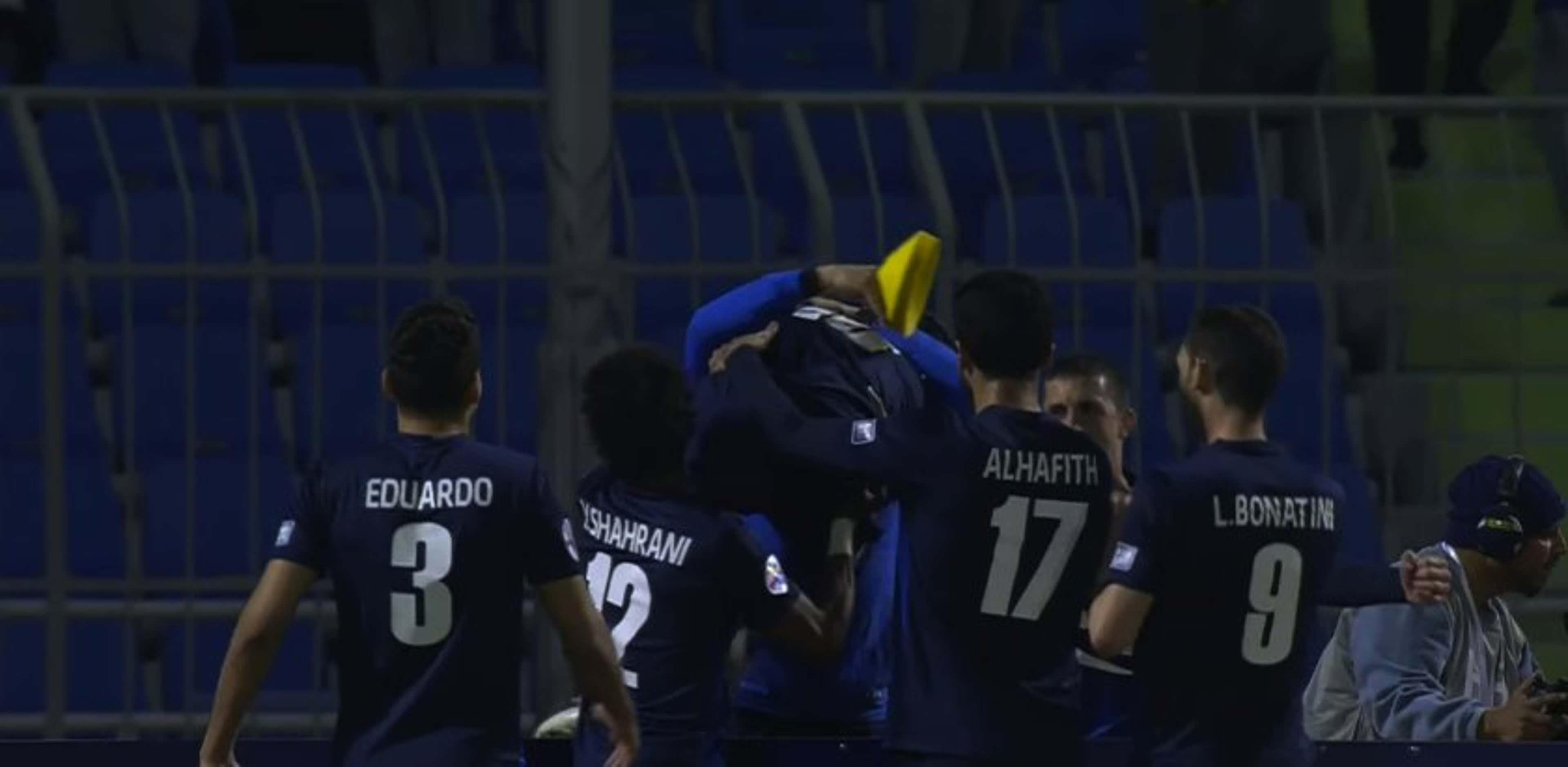 Al Hilal players celebrate after scoring against Al Rayyan