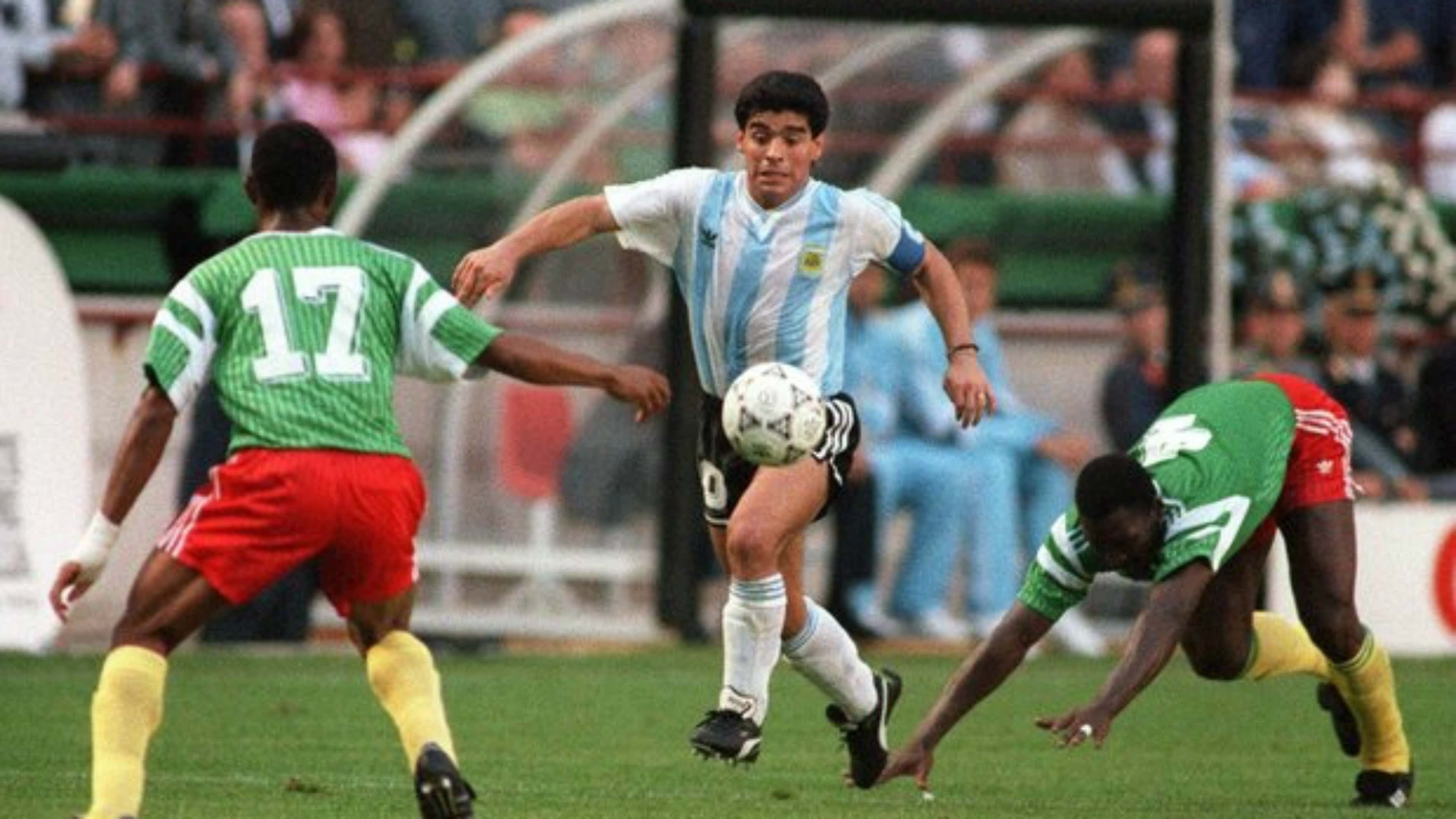 Argentina legend Maradona in action against Cameroon in 1990 World Cup