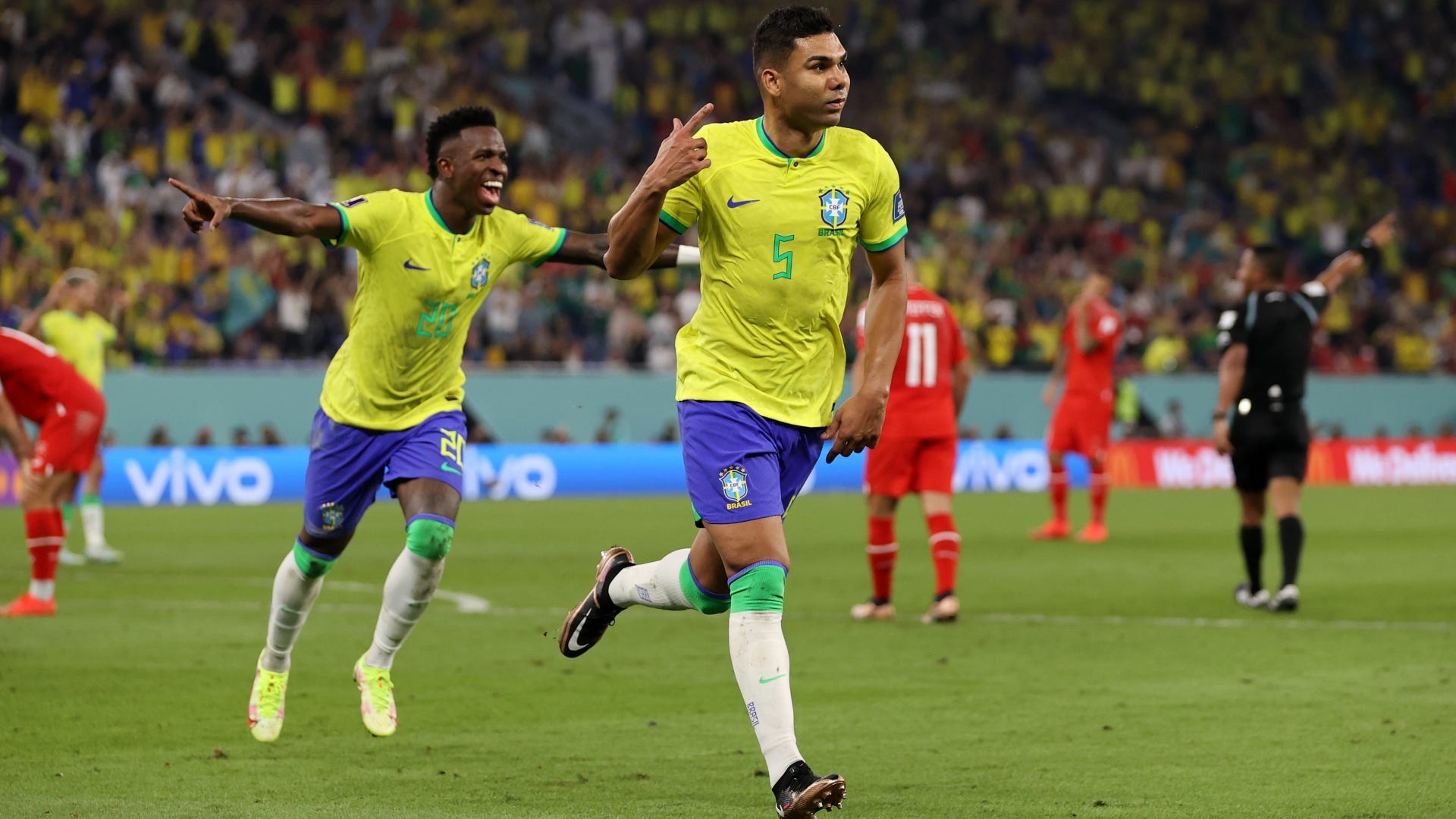 Neymar and Casemiro of Brazil after the team's qualification to the News  Photo - Getty Images