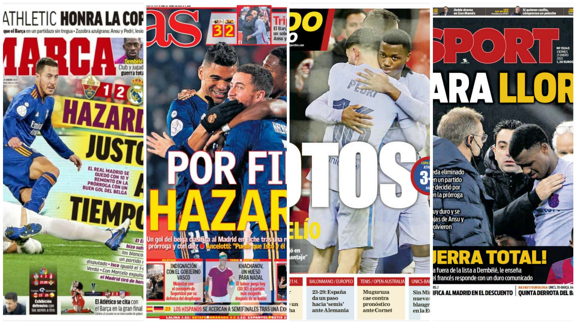 Las portadas de la prensa deportiva hoy 21 de de enero de 2022: El  Barcelona también cae en la Copa y Hazard salva al Real Madrid 