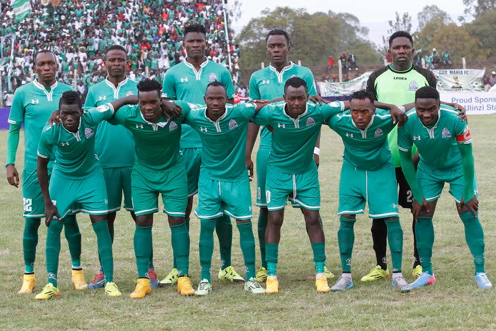 Gor Mahia FC players line-up before taking on Ulinzi Stars at Afraha Stadium in Nakuru on Sunday
