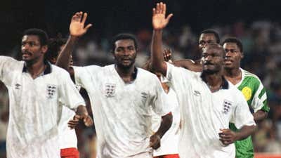 Francois Omam-Biyik, Stephan Tataw, Roger Milla of Cameroon, 1990
