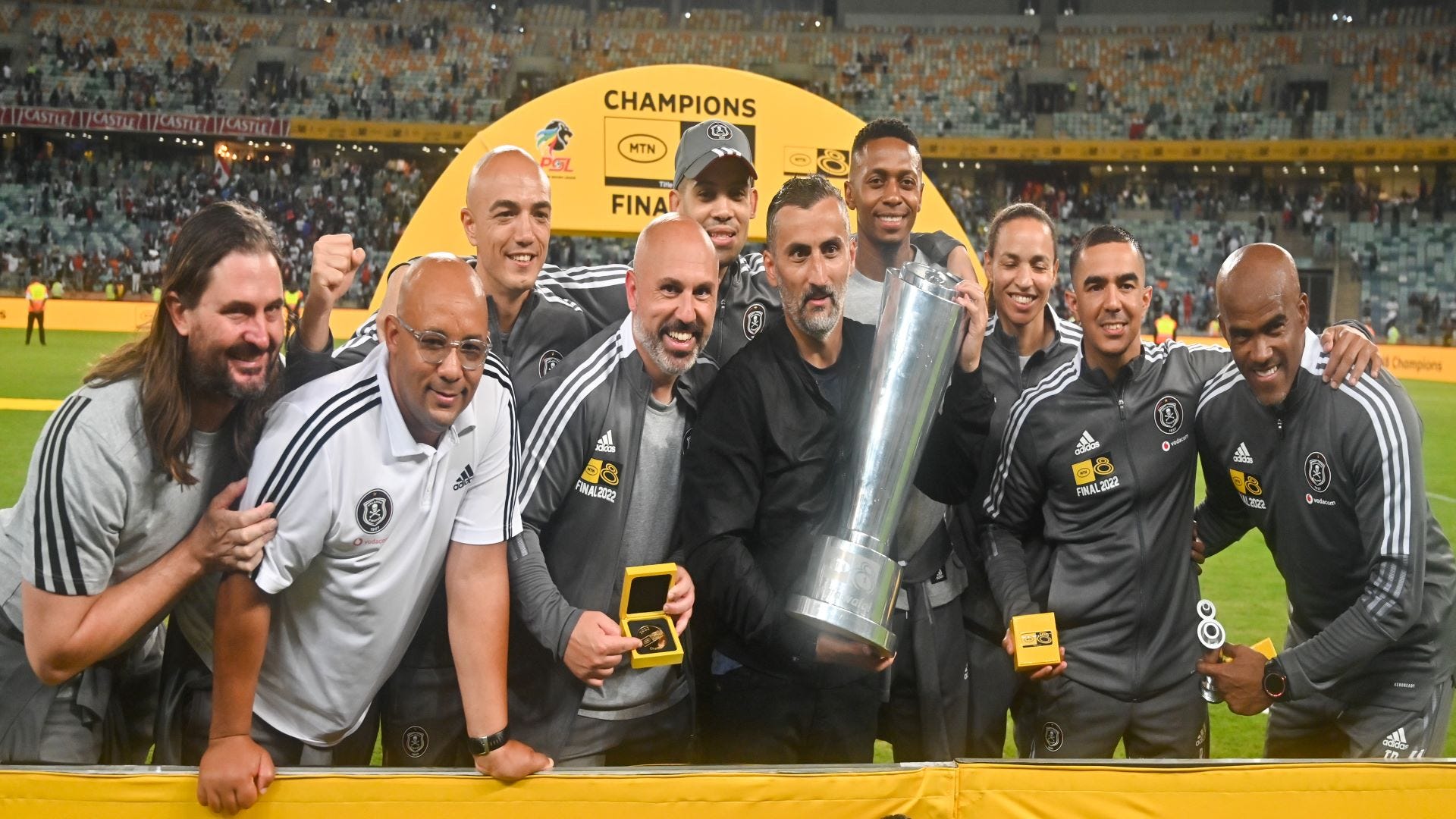 Jose Riveiro, coach of Orlando Pirates with technical staff during the MTN8 Final.