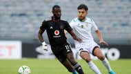 Deon Hotto of Orlando Pirates challenged by Oussama Bellatrache of JS Saoura, February 2022
