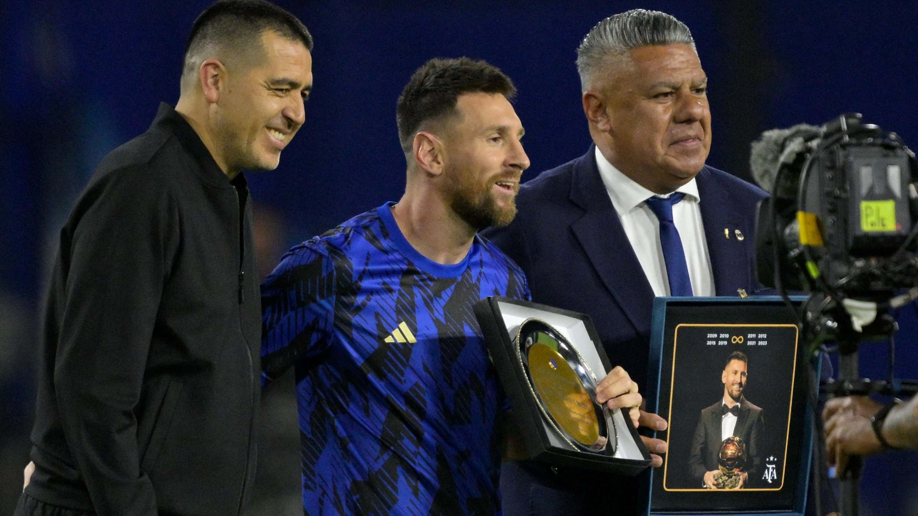 WATCH: Fireworks for Lionel Messi! Stadium announcer goes wild as beaming  Inter Miami star is honoured by Argentina for his eighth Ballon d'Or  success with two sparkling silver plates & a kiss