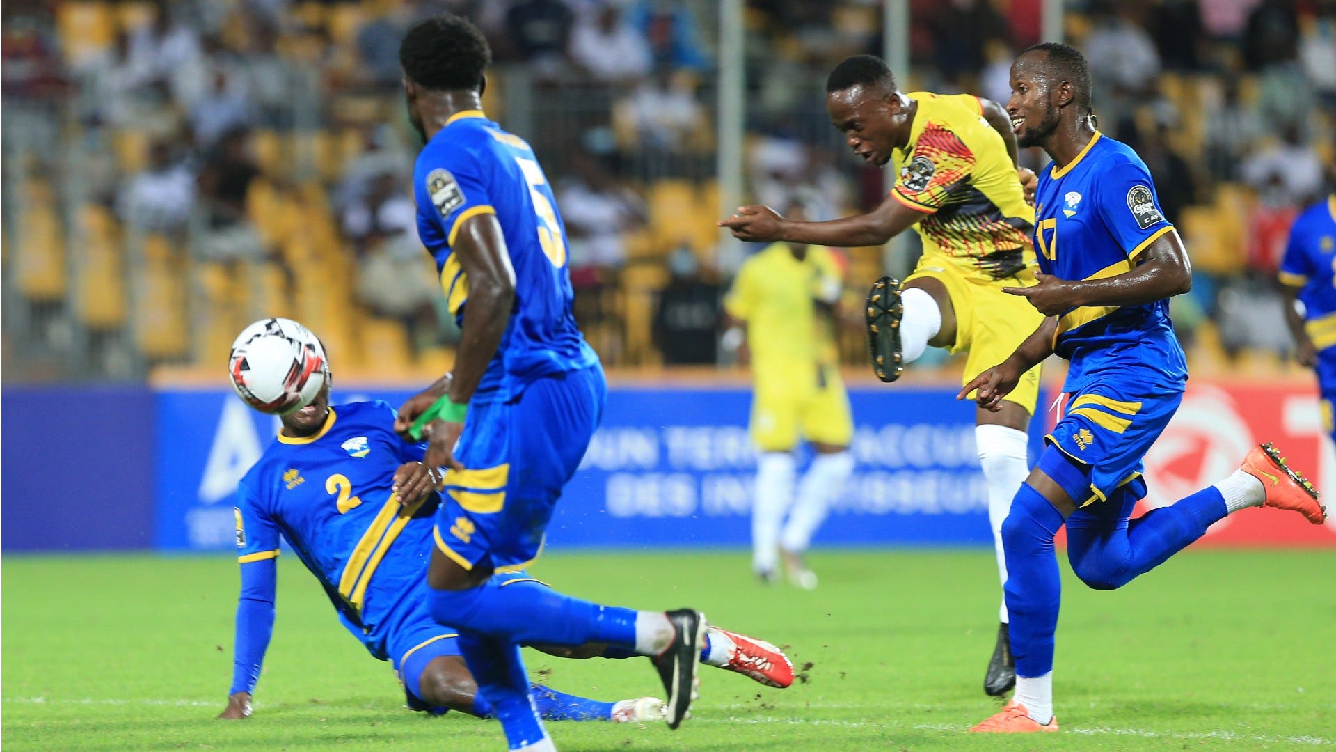 Brian Aheebwa of Uganda shoots at goal during the 2021 Chan game between Rwanda.