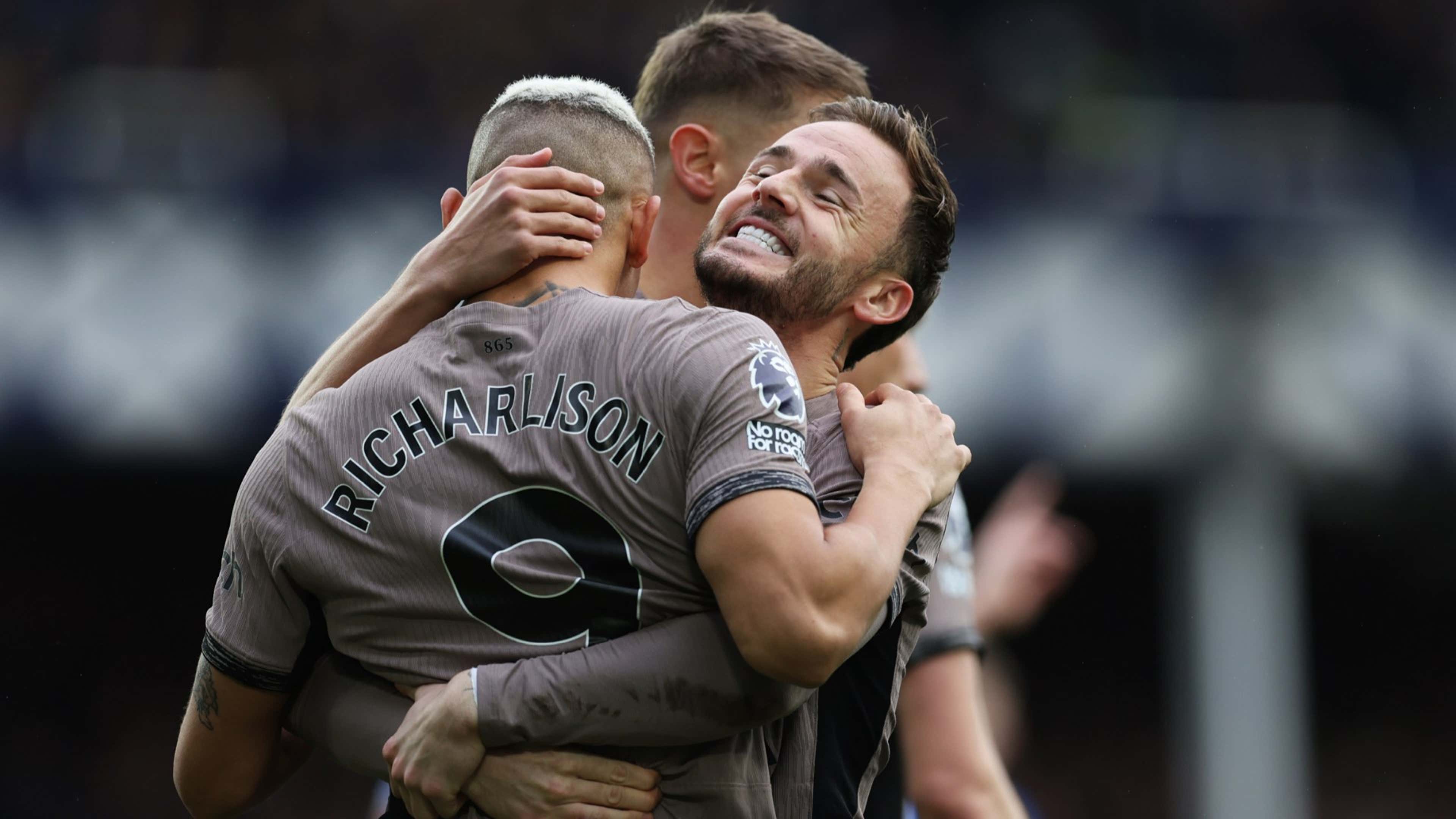 Richarlison celebrates with James Maddison after scoring for Tottenham against Everton 2023-24