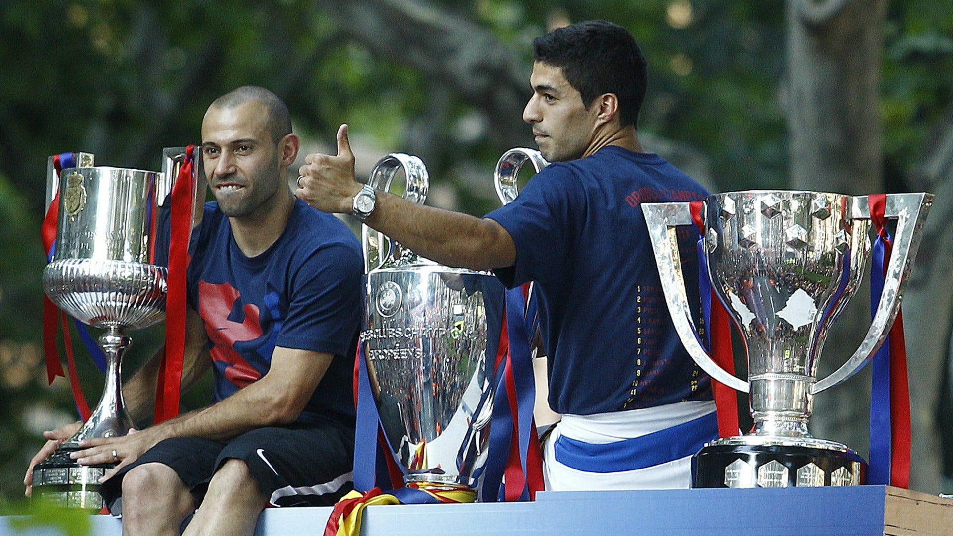 Javier Mascherano Luis Suarez Barcelona Champions Copa del Rey Liga Trophies 201415
