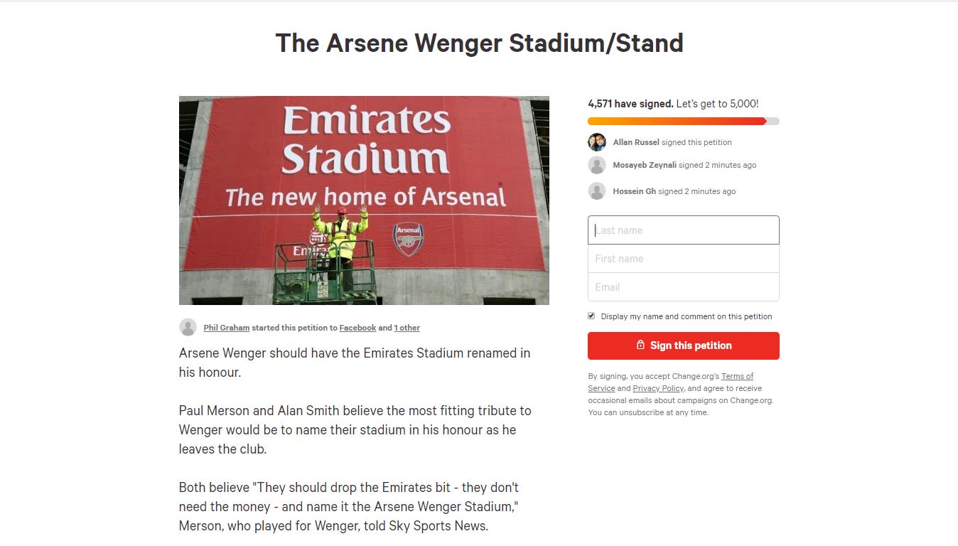 Petition Arsene Wenger Arsenal stadium