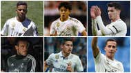 GFX Info Collage with Real Madrid players: Rodrygo Goes, Takefusa Kubo, Brahim Díaz, Gareth Bale, James Rodriguez, Lucas Vazquez