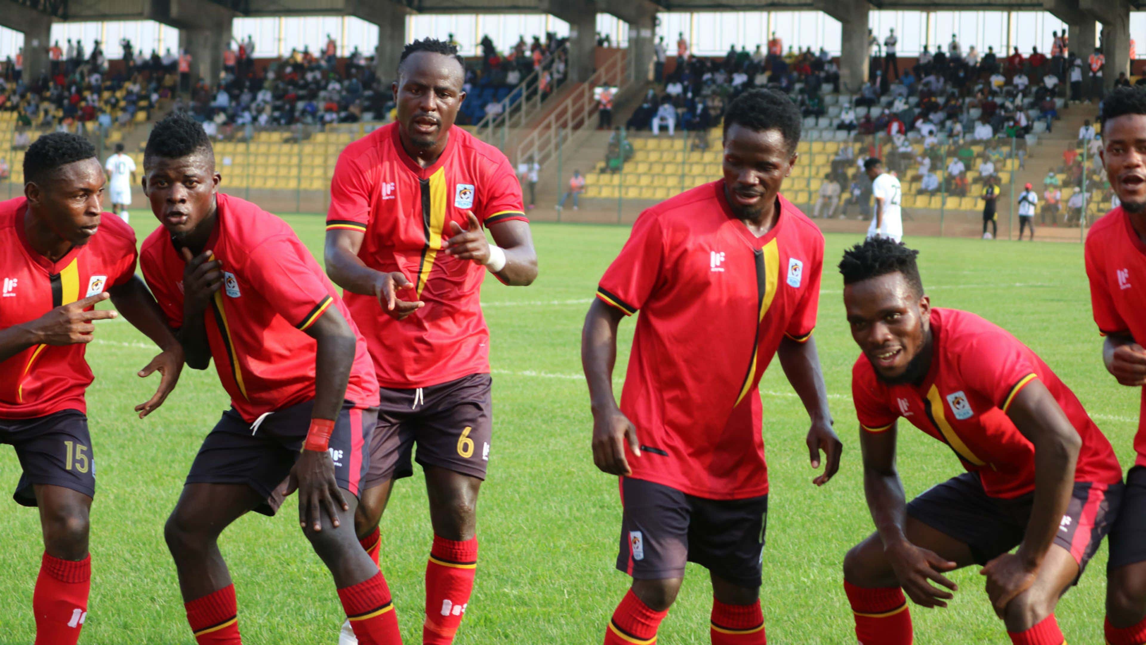 Uganda celebrate pre-Chan goal vs Cameroon.