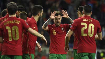 Portugal's players celebrate after Portugal's forward Diogo Jota 