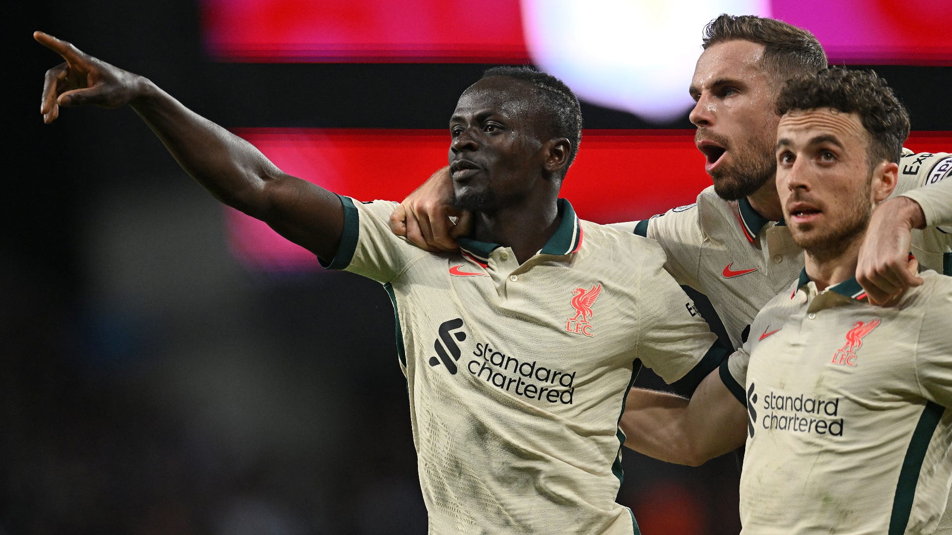 Liverpool celebrate Sadio Mane goal at Aston Villa 2021-22
