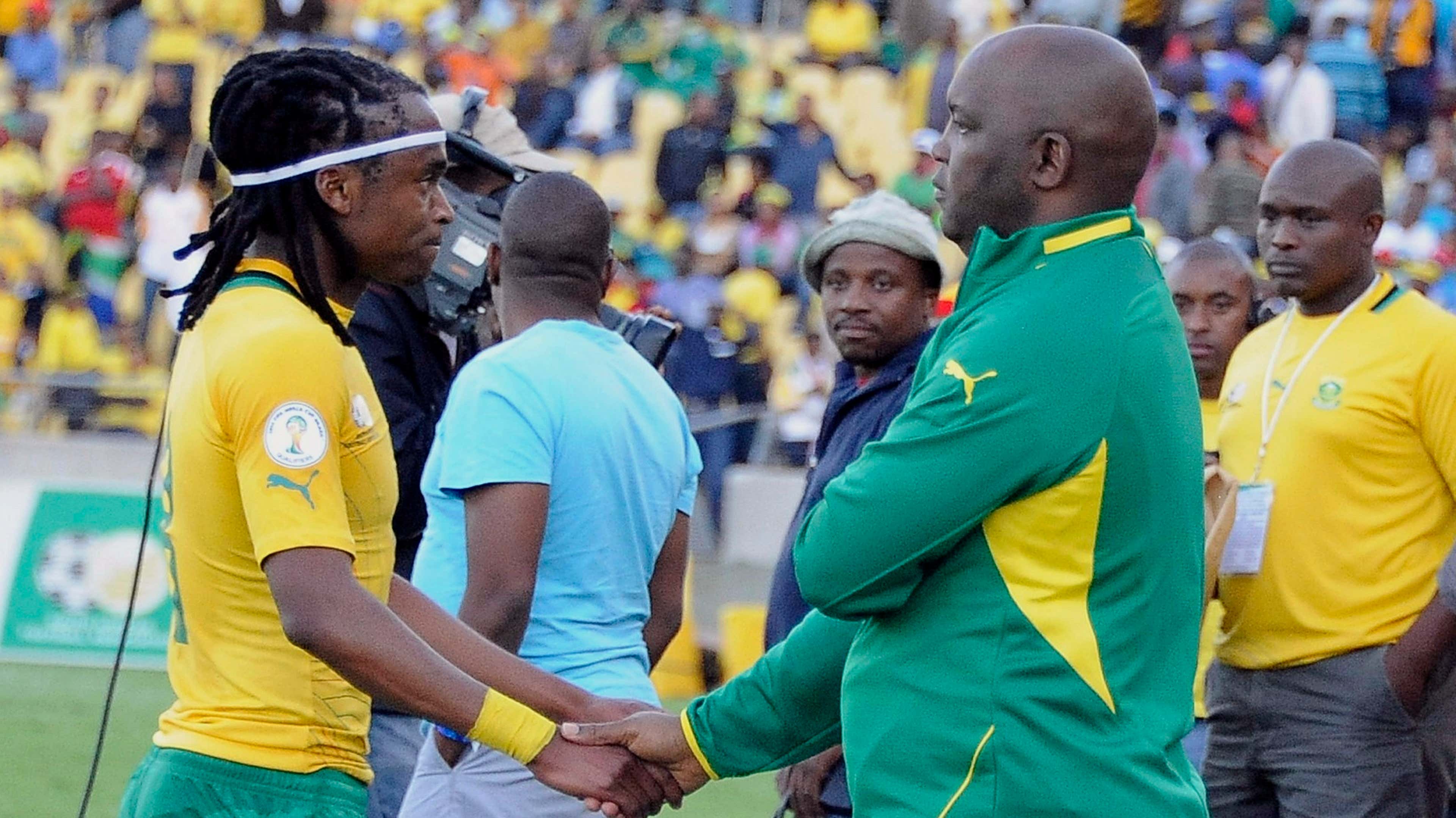 Siphiwe Tshabalala and Pitso Mosimane during the 2014 FIFA World Cup Qualifier match between South Africa and Ethiopia at Royal Bafokeng Stadium on June 03, 2012